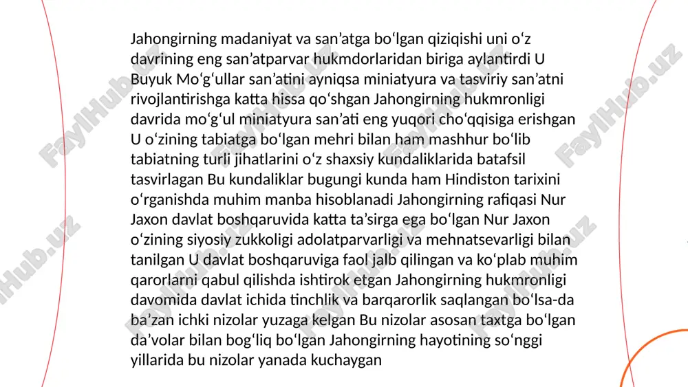 arxitekturasini rivojlantirishga katta e'tibor qaratdi va fors, hind va musulmon uslublarini birlashtirgan. ... t.me/slaydai_bot jahongir, hindistonning buyuk mo'g'ullar imperiyasi hukmdori, 1605-1627-yillar orasida hukmronlik qilgan. u akbarning o‘g‘li va shahzoda salim nomi bilan ham tanilgan. jahongirning boshqaruv davri davomida imperiya hududi kengaydi. u san’at va adabiyotni qo‘llab-quvvatladi. jahongir hukumati markaziy davlat tuzumini mustahkamlashga intildi. 1611-yilda angliya bilan savdo shartnomasi tuzilgan. uning hukmdorligi davomida fors shohi abbos i bilan yaxshi aloqalar o‘rnatilgan. 1622-yilda qandahor forsga boy berilgan. jahongirning boshqaruvi davrida imperiya iqtisodiyoti mustahkam bo‘lib qoldi, ammo ichki nizolar va merosxo‘rlik masalalari paydo bo‘ldi. ... t.me/slaydai_bot 10. shoh jahon va uning me’morchilik yutuqlari shoh jahon, boburiylar sulolasining beshinchi hukmdori, 1628-1658 yillarda hindistonni boshqargan. uko'rmakle haqida eng ko'p eslangan me’morchilik yutug'i - toj mahal, 1632-1643 yillarda qurilgan va u shoh jahonning sevimli xotini mumtoz mahal xotirasiga bag'ishlangan. ushbu ajoyib marmart naqshlari bilan jihozlangan maqbara dunyoning etti mo'jizasidan biri. shoh jahon davrida dehli qal’asi va …