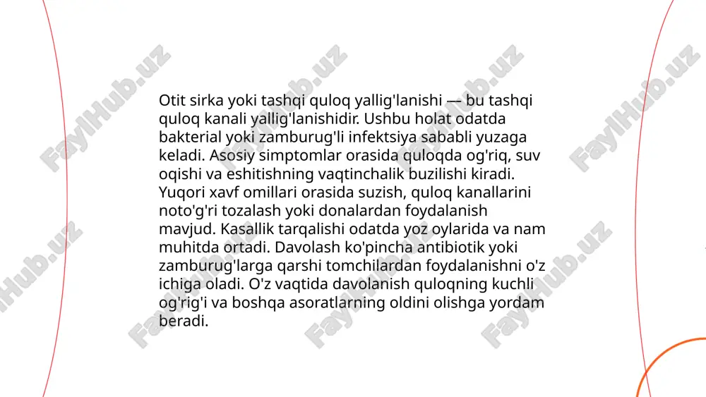 i tovush to'lqinlari quloq pardasiga yetganida boshlanadi. ushbu tuzilmalar birgalikda tovushlarni elektr signallarga aylantirib, miyaga uzatadi. ichki quloq shuningdek, quloqdagi vestibulyar nerv orqali muvozanat tuyg'usini miyada qayta ishlaydi. ... t.me/slaydai_bot tinnitus va ichki quloq muammolari o'zbek tilida "tinnitus" yoki "quloq shovqini" deb ataladi. bu shovqin turli shaklda eshitiladi, masalan, chiyillash, shovqin yoki chayqalash kabi. tadqiqotlar shuni ko'rsatadiki, deyarli har to'rtinchi odam ushbu muammolarni hayoti davomida boshdan kechiradi. asosiy sabablar orasida yuqori ovoz darajasi, yoshi ulg'ayish, stress va ichki quloqdagi shikastlanishlar keltiriladi. jahon sog'liqni saqlash tashkilotiga ko'ra, 50 million amerikalikda tinnitus bor va ulardan 20 millioni simptomlarni surunkali tarzda his qiladilar. ichki quloqdagi shikastlanishlar bosh aylanishi, muvozanat muammolari va eshitish qobiliyatini pasaytirishi mumkin. ... t.me/slaydai_bot 13. meniere kasalligi va ichki quloq menyer kasalligi ichki quloqning muvozanat va eshitishni boshqaruvchi qismiga ta'sir qiluvchi kasallikdir. bemorlar ko'pincha quloqda shovqin, vertigo (bosh aylanmasi), eshitish qobiliyatining pasayishi va quloq ichida bosim his qilishadi. kasallik sabablari …