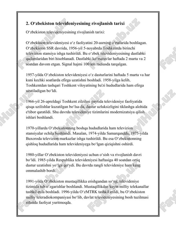 zarb masalalarga nisbatan ma'lumot olishidagi muhim omil hisoblanadi. televizor ko'rishning bu raqami televideniyening mahalliy va milliy madaniyatni shakllantirish va tarqatishdagi rolini ko'rsatadi. televizorda beriladigan dasturlar milliy qadriyatlarni saqlab qolishda ham muhim rol o'ynaydi. "madaniyat va ma'rifat" kanali o'zbekistondagi tarixiy, madaniy va turli xil ertaklar, xalq ashulalari va qo'shiqlari, yoshlarga mo'ljallangan ta'lim beruvchi dasturlarni ommalashtirish orqali milliy madaniyatni rivojlantirishga xizmat qiladi. ma'lumotlarga ko'ra, ushbu kanal tomonidan tayyorlangan dasturlar yiliga mingdan ortiq efir vaqtini egallaydi. bundan tashqari, o'zbekistonda raqamli televideniyenining rivojlanishi so'nggi yilarda sezilarli darajada oshdi. 2022 yil ma'lumotlariga ko'ra, mamlakat aholisining 90 foizi raqamli televideniyega kirish imkoniyatiga ega bo'lgan. bu esa, o'z navbatida, turli madaniy va ta'limiy tadbirlarda ishtirok etish, milliy san'at va madaniyat yangiliklarini kuzatishda xalqning faolligini oshirishga imkon beradi. shuningdek, 2019 yilda o'tkazilgan so'rovnoma natijalariga ko'ra, o'zbekiston aholisi orasida eng ko'p tomosha qilinadigan xorijiy kanallar rossiyaning "perviy kanal", turkiyaning "trt" va qozog'istonning "qazaqstan" telekanallari ekanligi aniqlangan. bu holat, ma'lum …