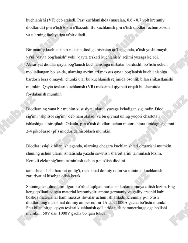tiladi. yaxshi moslashtirilgan diodlar elektron tizimlarni samarali ishlashini ta'minlaydi va yangi texnologiyalar rivojlanishiga imkon beradi. 3. zener diodlar zener diodlar elektron komponentlardir, ular yarimo'tkazgich diodlarning o'ziga xos bir turi. zener diodning o'ziga xosligi shundaki, u teskari polarizatsiya ostida muayyan kuchlanishda "pastroq qarshilik" bilan ishlaydi, bu kuchlanish "zener kuchlanish" deb ataladi. ushbu kuchlanish chegarasidan oshib ketganda, zener diod o'z teskari qarshiligini kamaytiradi va o'zidan katta miqdorda oqim o'tkazadi, lekin kuchlanishni zener kuchlanish darajasida ushlab turadi. zener diodlarning asosiy xususiyatlaridan biri muayyan zener kuchlanish darajasida kuchlanishni barqarorlashtirishidir. bu ularni kuchlanish regulyatorlari sifatida juda foydali qiladi. misol uchun, 5.6 volt zener diod zener kuchlanishi 5.6 volt bo'lib, teskari bias ostida kuchlanish shu qiymatda saqlanadi, hatto yuklangan oqim o'zgarsa ham. zener diodlar keng tarqalgan zener kuchlanish oralig'ida mavjud: 1.8 voltdan 200 voltlargacha. eng keng tarqalgan zener diodlar 5.1 voltdan 15 voltgacha bo'lgan kuchlanishlarda ishlaydi. ular odatda 0.5 vattdan 50 vattgacha bo'lgan quvvat qobiliyatiga ega, …