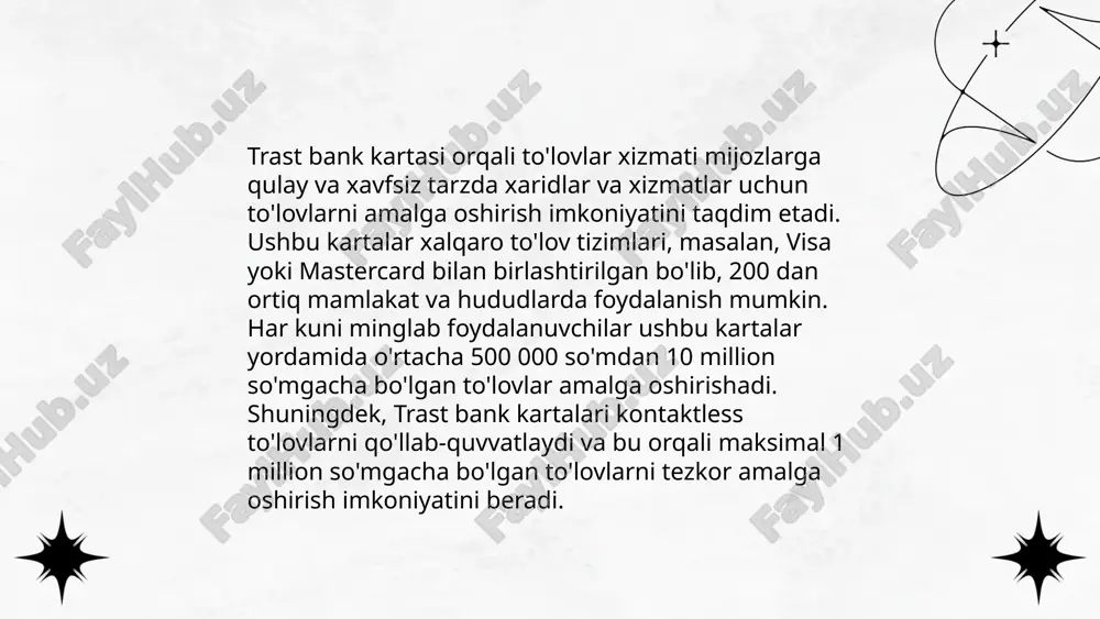 trast bankning barcha masofaviy xizmatlari uchun ham amal qiladi. ... t.me/slaydai_bot 13. trast bank kartasi uchun xizmat haqi 13. trast bank kartasi uchun xizmat haqi har oyda 50,000 so‘mni tashkil etadi. karta ochish jarayoni bepul bo‘lib, karta muddati 4 yil. har oyda sms-xabarnoma xizmati uchun qo‘shimcha 3,000 so‘m to‘lanadi. bankomatdan naqd pul olish uchun xizmat haqi har bir tranzaksiya uchun 1% (minimal 5,000 so‘m) etib belgilangan. kartani blokdan chiqarish 20,000 so‘m, pin kodni almashtirish esa 10,000 so‘m turadi. yillik xizmat haqi esa 600,000 so‘mni tashkil qiladi. karta yechimi va yillik tulovlar vaqtida amalga oshirilmasa, qo‘shimcha jarima to‘lovlari qo‘llaniladi. trast bank kartasi mujgona daurbayeva bba-402 guruh e'tiboringiz uchun raxmat! image1.png image2.png image3.png image4.jfif image5.png image6.jfif image7.jpg image8.jfif image9.jfif