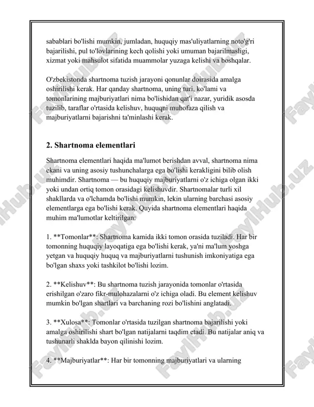 unda bir taraf (ijara beruvchi) ikkinchi tomonga (ijara oluvchi) mol-mulkni ma'lum muddatga pul evaziga foydalanishga beradi. yalpi mol-mulk va ko'chmas mulk, transport vositalari ijarasi bunga misol bo’lishi mumkin. - **podryad shartnomalari:** bu shartnoma asosida bir taraf (pudratchi) ma’lum bir ishni bajarishga majbur bo'lib, ikkinchi taraf (buyurtmachi) esa bu ish uchun ma’lum haq to'laydi. tikuvchilik, qurilish va remont ishlari bo’yicha tuziladi. 2. **mehnat shartnomalari:** - **individuallik mehnat shartnomalari:** ishchi va ish beruvchi o'rtasidagi munosabatlarni tartibga soluvchi hujjat. ish mazmuni, vaqt va haq mijoz tomonidan kelishiladi. - **kollektiv shartnomalar:** korxona yoki tashkilotda ishchilar jamoasi bilan tuzilgan hamda jamoa manfaatlarini himoya qilishga qaratilgan kelishuv. 3. **xalqaro shartnomalar:** - **tijorat shartnomalari boshqaruvi:** bu shartnomalar davlatlar o'rtasidagi tijorat aloqalarini tartibga soladi. eksport-import operatsiyalari va boshqa trans-chegara bitimlar jalb qilinadi. - **investitsiya bitimlari:** bu davlatlar yoki korporatsiyalar o'rtasida kelishgan holda tuziladi, bunda investitsiyalash shartlari va tartiblari belgilanadi. - **diplomatik va siyosiy shartnomalar:** davlatlar o'rtasidagi siyosiy masalalar …