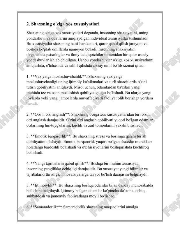ash va so'z erkinligiga, ta'lim olishga, sog‘lom muhitda yashashga bo'lgan huquqlardir. barcha huquqlar milliy qonunchilik hamda xalqaro an'analar bilan kafolatlanadi. shaxsning ijtimoiy rollarini ko'rib chiqish muhimdir. u ushbu rollar orqali jamiyatda turli xil vazifalarni bajaradi. shaxsning ijtimoiy rollari uning oilada, ishda, do'stlar orasida yoki keng jamiyatda qanday vaziyatda yo'naltirilganiga bog'liq. har bir shaxs bir necha ijtimoiy rolni bajarishi mumkin, masalan, ota-ona, ishchi, rahbar va boshqalar. jamiyat esa o'z niyyatlarida, maqsadlarida va faoliyatlarida shaxslar o'rtasidagi munosabatlarni tashkil etadi va nazorat qiladi. jamiyatdagi asosiy tizimlar orasida iqtisodiy, siyosiy, ma'naviy va ijtimoiy tizimlar muhim rol o‘ynaydi. iqtisodiy tizim jamiyatda resurslarning taqsimlanishi va foydalanilishini boshqaradi; siyosiy tizim esa jamiyatni boshqarishning institutlarini va qoidalarini belgilaydi; ijtimoiy tizim har bir fuqaroning ijtimoiy xavfsizligini ta’minlaydi. ma’naviy tizim esa jamiyatning axloqiy hamda madaniy qiyomatlarini tayin etadi. yangilangan statistik ma'lumotlarga ko'ra, o'zbekistonda muayyan yosh guruhlari orasida aholining asosiy qismini tashkil etuvchi shaxslarning o'rtacha yoshi 30 yoshga teng. aholining taxminan …