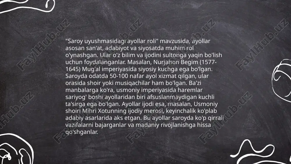 oilaviy boshqaruvda balki keng ko'lamda jamiyatning rivojlanishida ham muhim tashkil etgan. ... t.me/slaydai_bot oʻrta asrlarda turk xonlarining ayol qoʻriqchilari muhim rol oʻynaganlar. ular turli vazifalarni bajarib, xavfsizlik va himoya masʼuliyatini olganlar. ayol qoʻriqchilar orasida jur'at va chaqqonlik bilan ajralib turuvchilar koʻp edi. ayrim ma'lumotlarga koʻra, bu xonlar uchun xizmat qiluvchi ayol qoʻriqchilarning soni minglab boʻlgan. ular koʻplab jangovar mahorat va qattiqqoʻl tayyorgarlik asosida tanlangan va oʻqitilgan. qoʻllanadigan qurollar ham xilma-xil boʻlib, kamon, qilich va nayzadan iborat edi. bu ayol qoʻriqchilar oʻzining jasorati, sadoqatliligi va oʻz xalqiga xizmat qilishga tayyorligi bilan ajralib turganlar. oʻrta asr turk tarixida ayollarning bunday jamoat xizmatida faol ishtirok etgani muhim ahamiyat kasb etadi. ... t.me/slaydai_bot "xonim va nodirabegim" asarida mulkiy muammolar muhim o‘rin tutadi. asar xix asrda o‘tgan real voqealarga asoslangan. markaziy mavzulardan biri meros masalalari va mulkni taqsimlashdir. bu davrda mulk asosan erkaklar tomonidan boshqarilgan va ayollarning mulkdagi huquqlari cheklangan edi. xonim va nodirabegim bu …