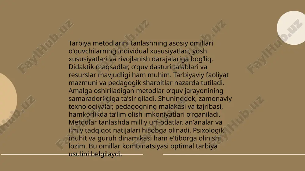 ishlab chiqiladi. tarbiyaviy ishlar natijalari sifat ko‘rsatkichlari orqali o‘lchanadi, masalan, o‘quvchilar faolligi, intizomi va ishtiroki. rejalashtirishda o‘quvchilar soni, mavjud sharoitlar va tarbiyaviy ish amaliyoti hisobga olinadi. mahalliy va xalqaro miqyosdagi tadbirlarda qatnashish ham rejalarga kiritiladi. tarbiyaviy ish rejalari pedagoglar tomonidan ishlab chiqilib, ma'muriyat tomonidan tasdiqlanadi. ... t.me/slaydai_bot tarbiya metodlarining samaradorligini baholash uchun bir nechta mezonlar ishlatiladi. tarbiyaviy jarayon natijalarini tahlil qilishda o'quvchilarning bilim darajasi, axloqiy rivojlanishi va ijtimoiy faolligi muhim rol o'ynaydi. o'qituvchilar orasida so'rov o'tkazish, o'quvchilarning darsdagi ishtirokini kuzatish va baholarini statistika usulida tahlil qilish samaradorlikni aniqlashda yordam beradi. ilmiy tadqiqotlar shuni ko'rsatadiki, samarali metodlar qo'llanilganda o'quvchilarning bilim darajasi 15-20% ga oshadi. shu bilan birga, ijtimoiy va axloqiy rivojlanish ko'rsatkichlari 10-15% ga yaxshilanadi. bu holatlarda tarbiya metodlari muvofiqligi va innovatsion yondashuvlar alohida ahamiyat kasb etadi. tarbiya metodlarini tanlab olish shartlari pedagogika norboboyeva mahliyo e'tiboringiz uchun raxmat! image1.png image2.png image3.png image4.jpg image5.png image6.jpg image7.jpg image8.jfif