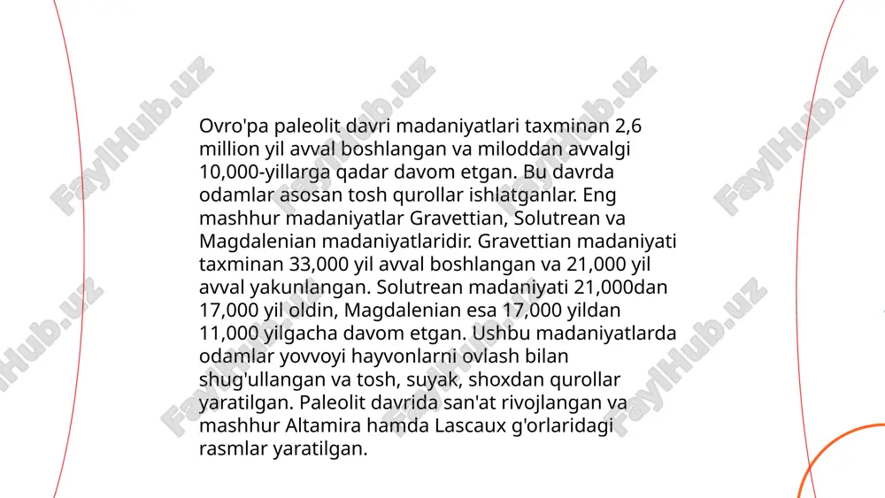 lk insoniyat tarixida katta ahamiyatga ega bo'lgan. taxminan 2,6 million yil avval, ilk hominidlar toshdan qurollar yasashni o'rgandilar. ular asosan paleolit davriga tegishli bo'lib, tarixdan oldingi davrlarda ishlatilgan. tosh qurollar esa kesish, urish va yorish kabi funksiyalarni bajarish uchun ishlatilgan. olduvay madaniyati deb nomlanuvchi bu asrda asosan tosh bolg'alar, qirquvchi va yoqimli asboblar ishlab chiqilgan. bunday qurollar nafaqat ov qilishda, balki terini qayta ishlash va yogʻoch bilan ishlashda ham foydali bo'lgan. janubi-sharqiy afrika, masalan tanzaniya, olduvay darasida birinchi boʻlib topilgan. tarixiy antropalogiyada ibtidoiy madaniyat tayorladi: dilrabo dadamirzayeva e'tiboringiz uchun raxmat! image1.png image2.png image3.png image4.jfif image5.png image6.png image7.jfif image8.png