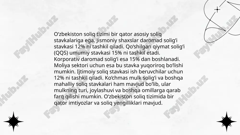 a chalingan shaxslar, nogironligi boʻlganlar, kam taʼminlangan oila vakillari. oʻqituvchilar va talabalarga ayrim ilmiy loyihalar uchun imtiyozlar berilishi mumkin. ushbu holatlar qonun hujjatlarida belgilangan va alohida toʻlovlardan ozod etish dalillari talab qilinishi mumkin. yigʻimlarning turi, miqdori va ozod etish shartlari mamlakatning amaldagi qonunchiligiga asosan belgilanadi, shuningdek, har yili oʻzgarishi mumkin. eng soʻnggi maʼlumotlar uchun mahalliy qonunlarga murojaat qilish lozim. ... t.me/slaydai_bot 13. soliq nazorati 13. soliq nazorati soliq to'plash bo'yicha davlat organlari tomonidan amalga oshiriladigan nazorat faoliyatidir. o'zbekistonda soliq nazorati davlat soliq qo'mitasi tomonidan olib boriladi. soliq nazorati soliq to'lovchi tomonidan to'lanadigan soliqlarni to'g'ri hisoblash, to'lab berish va byudjetga kirishini nazorat qilishni o'z ichiga oladi. 2022-yilda o'zbekistonda jami soliq tushumlari hajmi 140 trillion so'mdan oshdi. soliq nazorati tagida soliq tekshiruvlari va ularning natijalari, hisobot berish muddatlari va soliqlarni to'lash intizomi muhim rol o'ynaydi. effektiv soliq nazorati davlatning moliyaviy resurslarini oshirish va iqtisodiy barqarorlikni ta'minlashda muhim ahamiyatga ega. soliq va yigʻimlarni …