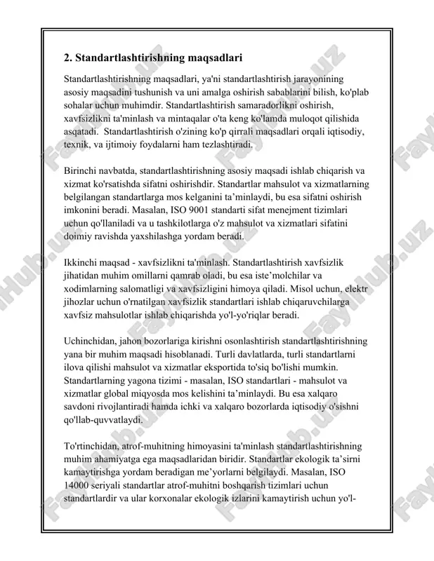 rol o'ynaydi va ko'pchilik uchun diqqatga sazovor ahamiyat kasb etadi. 3. milliy standartlar 3. milliy standartlar (milliy standartlar tizimi) haqida ma'lumotlar: milliy standartlar deganda, biror davlat yoki mintaqada ishlab chiqarilgan mahsulotlar, xizmatlar va jarayonlar uchun belgilangan texnik talablar, me'yorlar va qoidalar tushuniladi. milliy standartlar mahsulotlarning xavfsizligi, sifatini oshirish, xalqaro raqobatbardoshligini ta'minlash maqsadida ishlab chiqiladi. standartlarni ishlab chiqish va amalga oshirish uchun mas'uliyatli tashkilotlar mavjud, masalan, o'zbekiston standartlashtirish, metrologiya va sertifikatlashtirish agentligi (o'zstandart), rossiyada esa "rosstandart". milliy standartlarning asosiy vazifalari quyidagilar: 1. mahsulot xavfsizligi va sifatini ta'minlash: standartlar mahsulot va xizmatlarning minimal xavfsizligi va sifat talablariga javob berishini kafolatlaydi. 2. qo'llashning umumiyligi: standartlar orqali mahsulotlar va xizmatlarning bir xil sifatga ega bo'lishi ta'minlanadi, bu ham iste'molchilar, ham ishlab chiqaruvchilar uchun qulaylik yaratadi. 3. innovatsiyalarni rivojlantirish: yangi texnologiyalarni va mahsulotlarni ishlab chiqish uchun standartlar istiqbollik va innovatsion qarorlarni qo'llab-quvvatlash funksiyasini bajaradi. 4. xalqaro savdoni rivojlantirish: milliy standartlar xalqaro standartlar bilan muvofiqlashtirilganda, ularning …