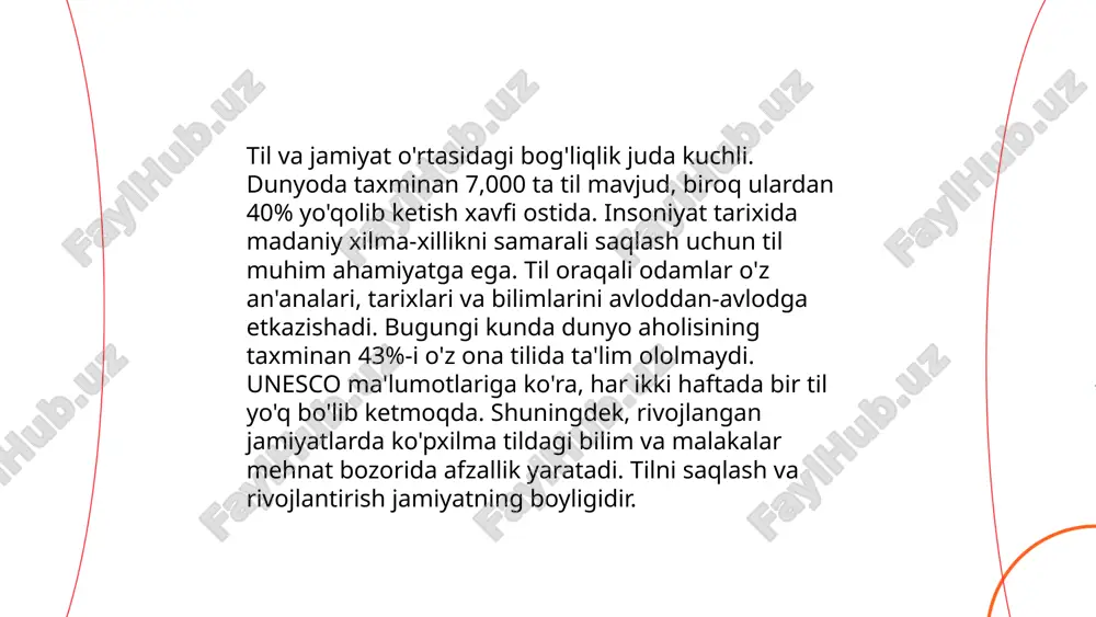 di. maqomlar til o'zgarishi va til rejasi jarayonlarini, shuningdek, til siyosatini shakllantiradi. misol uchun, rasmiy til maqomi davlat idoralaridagi aloqalarga taalluqli bo'lsa, oilaviy maqomlar esa ko'proq shaxsiy yig'inlarda namoyon bo'ladi. sotsiolingvistik maqomlar har xil davlatlarda, mintaqalarda yoki ijtimoiy guruhlarda turlicha namoyon bo'lishi mumkin. ushbu maqomlar jamiyatdagi ijtimoiy tengsizliklarni ham aks ettirishi mumkin. sotsiolingvistika xasanova shodiyona e'tiboringiz uchun raxmat! image1.png image2.png image3.png image4.jpg image5.png image6.jfif image7.jpg image8.jpg