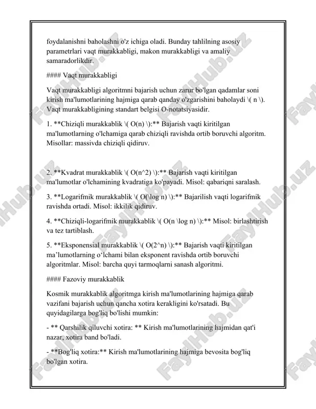 \times e) \), manfiy og'irlik qirralari bo'lgan muammolarni echishga qodir. #### xulosa algoritmlarni qiyosiy tahlil qilish muammoning cheklovlari va mavjud resurslarni hisobga olgan holda optimal yechim usulini tanlash imkonini beradi. algoritmni tanlashda vaqt va makon murakkabligining nazariy baholarini ham, maqsadli arxitekturaning amaliy samaradorligini ham hisobga olish kerak. 3. chiziqli qidiruv chiziqli qidiruv, shuningdek ketma-ket qidiruv deb ham ataladi, bu oddiy qidiruv usuli bo'lib, unda ro'yxatdagi elementlar qidirilayotgan element topilgunga qadar yoki butun to'plam qidirilguncha ketma-ket tekshiriladi. ushbu qidiruv algoritmi tartiblangan va tartibsiz ma'lumotlar tuzilmalariga taalluqlidir va uning eng yomon va o'rtacha murakkabligi o(n), bu erda n - ro'yxatdagi elementlar soni. chiziqli qidiruv har bir elementni qidirish qiymati bilan taqqoslab, massiv yoki ro'yxatdagi har bir yozuvdan o'tadi. agar qidirilayotgan element topilsa, algoritm topilgan elementning indeksini qaytaradi. agar u topilmasa, odatda element yo'qligini ko'rsatadigan indikator qaytariladi, masalan -1. chiziqli qidiruvning asosiy xususiyatlari: 1. amalga oshirish oson. 2. elementlarni dastlabki saralashni talab qilmaydi. …