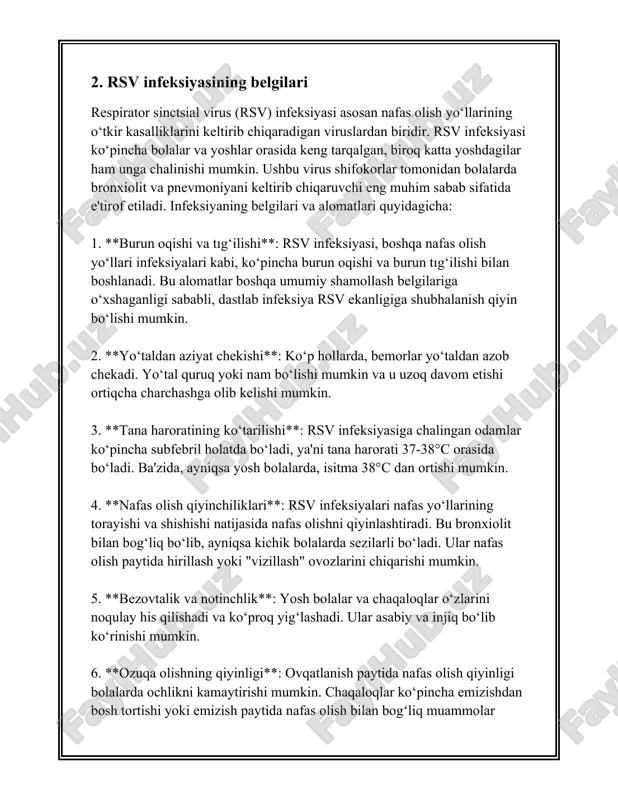 fizer tomonidan kiritilgan vaktsina nomi "abrysvo" deb ataladi. ushbu vaktsina tomonidan olib borilgan iii bosqich klinik sinovlar shuni ko'rsatdiki, vaktsina 2 yoshgacha bo'lgan bolalarda rsv simptomlarini kamaytirishda taxminan 66.7% samaradorlik ko'rsatgan. vaktsina 30 nafardan ortiq mamlakatda, jumladan aqsh va yevropa ittifoqi davlatlarida, foydalanish uchun tasdiqlangan. 5. **glaxosmithkline (gsk) emlashi:** gsk tomonidan ishlab chiqilgan "arexvy" nomli vaktsina ham rsv infeksiyalariga qarshi samarador bo'lib chiqqan. sinovlar davomida emlashning 70% ga yaqin samaradorligi kuzatildi. ushbu vaktsina kattalar, jumladan yuqori xavf ostidagi yoshdagi insonlar uchun samarali vosita sifatida tavsiya etilmoqda. 6. **monoklonal antikorlar strategiyasi:** rsv ga qarshi muqobil usul sifatida monoklonal antikorlar ham taklif etilmoqda. bir necha monoklonal antikorlar fda tomonidan tasdiqlangan, jumladan "nirsevimab" nomli monoklonal antikor, bu yangi tug'ilgan chaqaloqlar va prematur tug'ilgan bolalarni rsvdan himoya qilish uchun ishlab chiqilgan. 7. **global strategiyalar va yondashuvlar:** jsst va boshqa xalqaro sog'liqni saqlash tashkilotlari tomonidan rsvni nazorat qilish va emlash dasturlarini qo'llab-quvvatlash bo'yicha global strategiyalar …