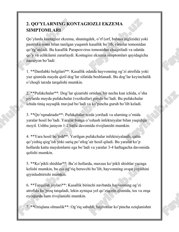 da tajribali patologlar tomonidan o'tkaziladi va boshqa kasalliklardan ajratishga imkon beradi. serologik usullar orqali ham diagnostika o'tkazilishi mumkin, masalan, elisa testi orqali qon zardobida antikora mavjudligiga test o'tkaziladi. ushbu usul virus bilan kasallanganlikni ko'rsatish imkonini beradi, ammo u har doim ham yuqori sezgirlikka ega emas. kasallikning tarqalishini tushunish va uning oldini olish uchun epizootologik tekshirishlar ham o'tkazilishi mumkin. bu qo'ylar o'rtasida kasallikning qaysi omillar ta'sirida tarqalishini aniqlashga yordam beradi. epizootologik tadqiqotlar orqali kasallik o'choqlarini aniqlash va ularni samarali nazorat qilish yo'llarini izlash mumkin. qo'ylarning kontagiozli ekzemasi, odatda, bevosita aloqada va atrof-muhit orqali yuqadi, ayniqsa, zararlangan materiallar (masalan, pichan, oziq-ovqat qoldiqlari, va hokazo) bilan. shuning uchun kasallikka chalingan hayvonlarni izolyatsiyalash va dezinfeksiya choralarini ko'rish juda muhim hisoblanadi. shuningdek, virusni aniqlashi osonroq va samaraliroq qilish uchun yana bir qator gen va sekvenslash texnologiyalaridan ham foydalanish imkoniyati mavjud. bularning barchasi kasallikning notanish tarqalish shakllari va potentsial mutatsiyalangan shakllarini tushunish uchun foydalidir. diagnostikaning to'g'ri …