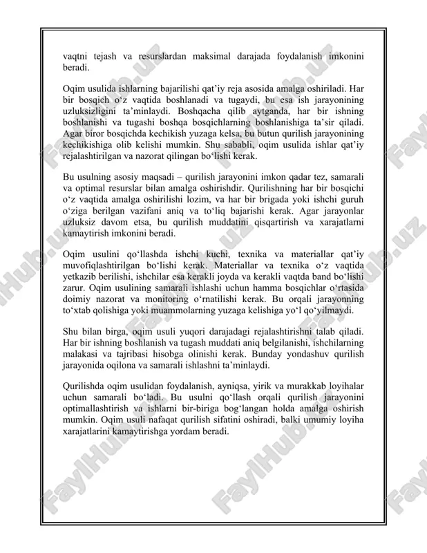 sqichlarni aniq belgilash. qurilish ishlarini bosqichlarga ajratish va har bir bosqichni aniq vaqtga bog‘lash oqim usulining asosiy qoidalaridan biridir. bu orqali har bir jarayon o‘z vaqtida boshlanib, boshqa jarayonlarga to‘siq yaratmaydi. 2. resurslarni optimal taqsimlash. ishchilarning soni, texnik uskunalar va materiallar ehtiyojga ko‘ra aniq hisoblab chiqiladi. bu resurslarning uzluksiz ishlashini va qurilish jarayonlarining to‘xtab qolmasligini ta’minlaydi. 3. ishlarning muvofiqligini ta’minlash. har bir bosqichning o‘z vaqtida yakunlanishi va navbatdagi ishlar uchun zamin yaratishi muhimdir. bu uchun jarayonlar o‘rtasida qat’iy muvofiqlashtirish amalga oshiriladi. 4. tayyorlov va yordamchi jarayonlarni rejalashtirish. qurilishda asosiy ishlarni boshlashdan oldin tayyorlov ishlari, texnik uskunalar va materiallarni joyiga yetkazib berish kabi yordamchi jarayonlar puxta tashkil qilinishi kerak. bu oqimning uzluksizligini ta’minlaydi. amaliy jihatdan oqim usuli qurilishning har bir bosqichida samaradorlikni oshiradi. misol uchun, turar-joy binosining qurilishida dastlab poydevor ishlari boshlanadi, keyin esa devor ko‘tarish, shift va tom yopish ishlari uzluksiz davom etadi. shu bilan birga, parallel ravishda boshqa obyektlarda …