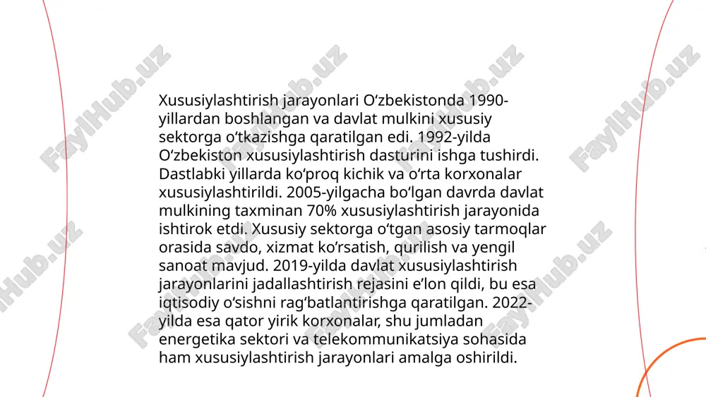 kilometr uzunlikda bo'lib, 43 ta stansiyaga ega. oʻzbekiston havo yoʻllari orqali 2022 yilda 2,5 milliondan ortiq yoʻlovchilar tashilgan. respublikada 11 ta xalqaro darajadagi aeroportlar faoliyat olib bormoqda. qurilish sohasida rejalashtirilgan yangi loyihalar transport sohasini yanada rivojlantirishga qaratilgan bo'lib, 2025 yilgacha koʻplab yangi loyihalarni amalga oshirish rejalashtirilgan. ... t.me/slaydai_bot 12. mehnat bozorini isloh qilish jarayonida, o‘zbekistonda ishchi kuchining malakasini oshirish va bandlikni ta’minlash katta e’tibor qaratilmoqda. so‘nggi ma'lumotlarga ko‘ra, mamlakatda ta’lim va kasb-hunar o‘quv markazlarida 1 milliondan ortiq kishi o‘qitildi. 2022 yilda, bandlik darajasi 65% ga yetdi. yangi islohotlar doirasida 500 mingdan ortiq yangi ish o‘rinlari yaratildi. yoshlar o‘rtasida ishsizlik darajasini 2019 yilga nisbatan 2% ga kamaytirish rejalashtirilmoqda. shu bilan birga, ayollar uchun bandlik imkoniyatlari ham kengaymoqda, ularga nisbatan mehnat qonunchiligida qo‘shimcha kafolatlar joriy etilmoqda. ... t.me/slaydai_bot xulosa raqobatbardosh iqtisodiyotni shakllantirish borasida amalga oshirilayotgan islohotlar mamlakatning iqtisodiy barqarorligini ta’minlash va global bozorlarda o’z o’rnini mustahkamlashga qaratilgan. ushbu islohotlar iqtisodiy siyosatni erkinlashtirish, …
