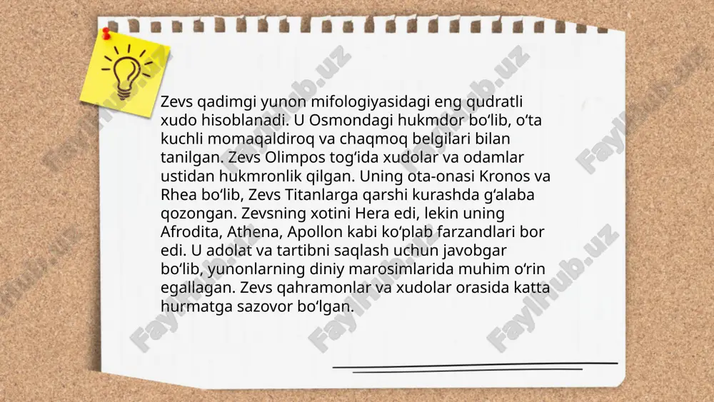 bilan bog'liq san'alarning himoyachisi sifatida tanilgan. qadimgi yunonistonda demetraga bag'ishlangan marosimlar va festivallar o'tkazilgan, eng mashhuri esa kunlar o'sganda nishonlanadigan thesmoforiya festivalidir. ushbu festival hosildorlik va unumdorlikni bezovta qilmaslik uchun tashkil etilganligini anglatadi. qadimgi yunoniston xudolari va dini tayorladi: dilrabo dadamirzayeva e'tiboringiz uchun raxmat! image1.jpg image2.png image3.jpg image4.png image5.jpg image6.png image7.png image8.png