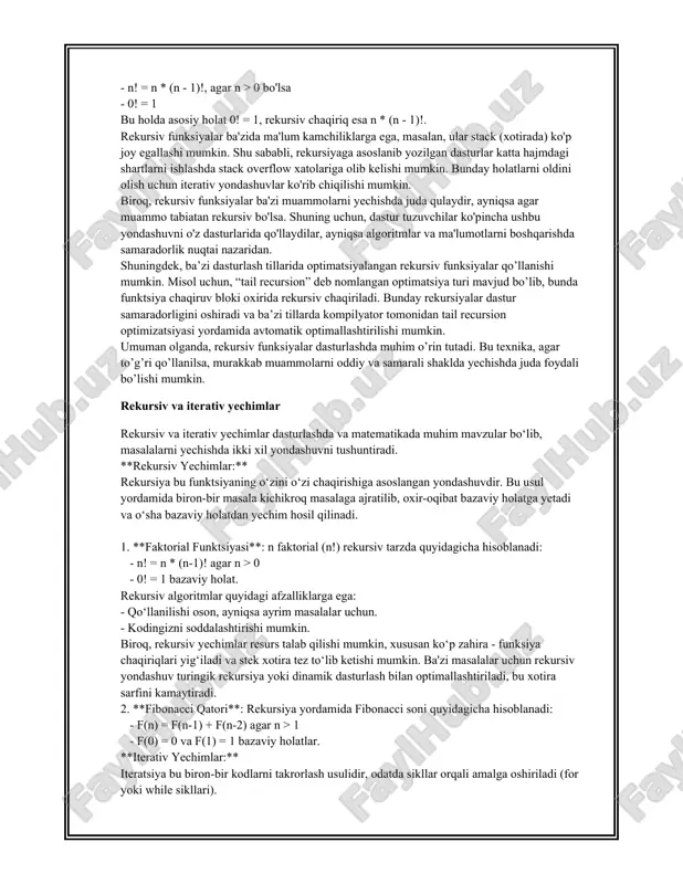 ketma-ketlik 0, 1, 1, 2, 3, 5, 8, 13, 21, va hokazo tartibda davom etadi. ko‘pgina matematik masalalar rekursiiv yondashuv orqali yechiladi. masalan, binomial koeffitsientlarni hisoblashda pascal uchburchagi xossasidan foydalanish mumkin. binomial koeffitsient \(\binom{n}{k}\) quyidagi rekursiya orqali hisoblanadi: \[ \binom{n}{k} = \begin{cases} 1, & \text{agar } k = 0 \text{ yoki } n = k, \\ \binom{n-1}{k-1} + \binom{n-1}{k}, & \text{boshqa holda}. \end{cases} \] bu tenglama matematika kombinatorial masalalarida ko‘p qo‘llaniladi, ayniqsa algebraik mashg‘ulotlarda. har bir binomial koeffitsient tasodifiy tanlangan $k$ ta elementni $n$ ta elementlardan tanlashning eng mujassamlashgan usulidir. rekursiyaga asoslangan yondashuv faqat matematik masalalarda emas, balki algoritmik yechish masalalarida ham keng qo‘llaniladi. misol uchun, eng qisqa yo‘lni topish yoki grafiklar bo‘yicha qidiruv algoritmlarini ishlab chiqishda ham rekursiyaga asoslaniladi. misol sifatida dfs (depth first search) algoritmini ko‘rsatish mumkin, uning yondashuvi rekursiv tarzda grafikning barcha elementlarini takroriy tekshirishi orqali amalga oshiriladi. ba'zi hollarda ortiqcha rekursiyadan qochish haqida o'ylash kerak, chunki …
