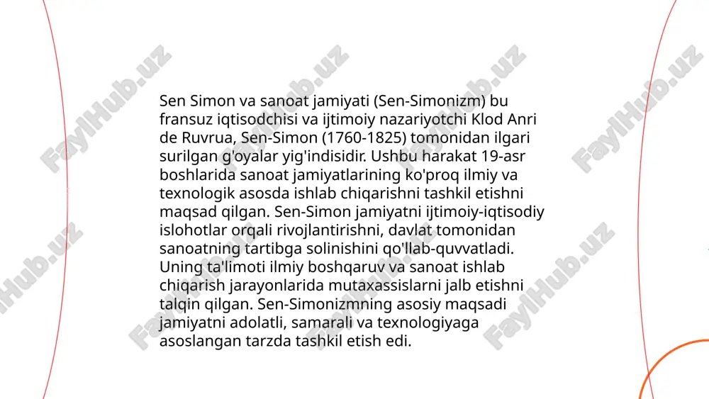 mavqe egallaydi. o'rta qatlam esa xizmat ko'rsatish va ishlab chiqarish sohasida faol. qashshoq qatlam ko'proq mehnat jismoniy mehnat bilan bog'liq bo'lib, cheklangan imkoniyatlarga ega. bu sinflar o'rtasida harakatlanuvchanlik jamiyat rivojlanishini ta'minlaydi. ... t.me/slaydai_bot sen simon iqtisodiy tenglik mavzusida ko'plab tahlillar o'tkazgan iqtisodchi hisoblanadi. u iqtisodiy tenglikka erishish uchun ijtimoiy siyosatlar va davlat aralashuvining ahamiyatini ta'kidlaydi. simonning tadqiqotlari natijasida, iqtisodiy tenglik darajasini gini koeffitsienti bilan baholash mumkin, va bu ko'rsatkich 0 dan 1 gacha o'zgaradi: ko'rsatkich 0 ga yaqinlashgan sari tenglik yuqori, 1 ga yaqinlashgan sari tanazzul yaqqol namoyon bo'ladi. sen simonning ma'lumotlariga ko'ra, ijtimoiy transferlar va soliqlarni nazorat qilish orqali gini koeffitsientini 0.3-0.4 oralig'iga yetkazish mumkin bo'ladi. ... t.me/slaydai_bot 13. sen simonning tijorat va sanoat ahamiyati sen-simon kasabasining tijorat va sanoat ahamiyati uning boy tarixiy merosi va strategik joylashuvida yotadi. xix asrda, sen-simon zavod va fabrikalari bilan mashhur edi, bu esa uni sanoat markaziga aylantirdi. transport vositalarining rivojlanishi bilan savdo …