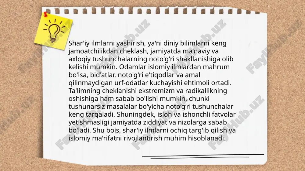 chilarning 45% noto'g'ri ma'lumotlar bilan duch kelganligini bildiradi. ilmiy ma'lumotlarning noto'g'ri talqin qilinishi, ayniqsa sog'liq va iqtisodiyotga doir masalalarda, jiddiy zarar keltirishi mumkin. shu sababli, aniq va ishonchli manbalarga tayanish muhim sanaladi. ... t.me/slaydai_bot yoshlarni ilmiy ma'rifiy jarayonga jalb qilish muhim masala hisoblanadi. o‘zbekiston respublikasi yoshlarining 60% dan ko‘pini tashkil etadi, shuning uchun ularni ilmiy yo‘nalishlarga jalb qilish zarur balansni saqlashga yordam beradi. 2023 yilda o‘zbekistonda 5000 dan ortiq ilmiy to‘garaklar faoliyat ko‘rsatmoqda. yosh olimlar uchun 1000 ta stipendiya va grantlar ajratilgan. internetning keng imkoniyatlari orqali 70% yoshlar online kurslar va vebinarlar orqali bilimlarini oshirishga intilmoqda. statistikaga ko‘ra, 2022 yilda yoshlarning ilmiy loyihalariga 20 million aqsh dollari mablag‘ ajratilgan edi. bu raqamlar yoshlarning ilmiy jarayonlarga aktiv ishtiroki uchun asos yaratmoqda. ... t.me/slaydai_bot 13. shar'iy ilmlarni o'rganish usullari shar'iy ilmlarni o'rganish usullari ko'plab qadamlar va metodlarni o'z ichiga oladi. avvalo, qur'on va hadislarni o'qib-o'rganish muhimdir. talabalar fiqh, tafsir, hadis, aqida kabi …