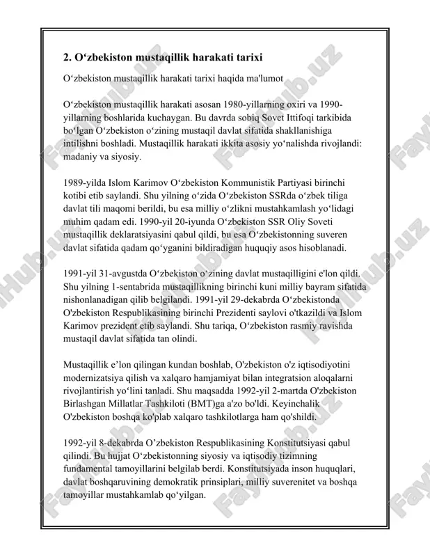 boʻlib, zamonaviy fanlarni oʻrgatish bilan shugʻullangan. jadidlar orasida mahmudxoʻja behbudiy, abdurauf fitrat, abdulhamid choʻlpon va abdulrauf fitrat kabi taniqli shaxslar bor edi. ular oʻz asarlarida milliy ozodlik, oʻzlikni anglash, taʼlim va madaniyatning ahamiyati haqida koʻp fikr yuritganlar. masalan, mahmudxoʻja behbudiy tomonidan yozilgan "padarkush" dramasi oʻsha davr fikrlarining namunasidir. mustaqillik davriga kelib, oʻzbekiston 1991-yil 1-sentyabr kuni mustaqilligini qoʻlga kiritdi. bu voqea sovet ittifoqining parchalanishi bilan bogʻlangan boʻlib, 31-avgust kuni oʻzbekistonning oliy soveti respublikaning mustaqilligini eʼlon qildi. 1991-yilning 29-dekabrida boʻlib oʻtgan referendumda oʻzbekiston fuqarolarining 98,2% mustaqillikni yoqlashdi. bu sanalar oʻzbekistonning mustaqillik yoʻlidagi muhim bosqichlaridan biridir. mustaqillik oʻzbekiston uchun katta imkoniyatlar eshigini ochdi. mustaqillikka erishgidagina, oʻzbekiston oʻzning siyosiy yoʻnalishini, iqtisodiy strategiyasini va madaniy rivojlanishini mustaqil ravishda belgilay boshladi. mustaqillikdan soʻng oʻzbekiston birlashgan millatlar tashkiloti va boshqa xalqaro tashkilotlarga qoʻshildi. oʻzbekistan oʻzining milliy valyutasi – soʻmni joriy qildi va davlatning konstitutsiyasini qabul qildi. 1992-yil 8-dekabrda oʻzbekiston respublikasining konstitutsiyasi qabul qilindi. bu konstitutsiya respublikaning bosh …