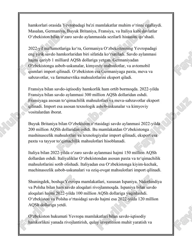 fransuz san'ati, kinematografiyasi va musiqa an'analariga bag'ishlangan tadbirlar o'tkaziladi. - 2019-yilda o'zbekiston shveysariya bilan hamkorlikda yangi madaniyat markazini tashkil qilib, o'zaro madaniy almashinuvlar dasturlarini kengaytirdi. 3. **san'at va ijodiy hamkorlik:** - 2020-yilda o'zbekiston va germaniya o'rtasida muzey va san'at sohasida hamkorlik memorandumi imzolandi. ushbu memorandum doirasida ikki davlatning san'at asarlari bilan ko'rgazmalar tashkil etildi. - yevropa davlatlari o'zbekistonda haykaltaroshlik, teatr, musiqa va boshqa san'at yo'nalishlarida seminarlar va master-klasslar o'tkazish orqali tajriba almashinmoqda. - 2019-yilda o'zbekistonda italiyaning mashhur opera ijrochilari va dirijyorlari ishtirokida bir qator konsertlar va operalar namoyish etildi. 4. **ilmiy tadqiqotlar va hamkorlik:** - o'zbekiston va yevropa ittifoqi o'rtasida 2018-yilda ilmiy tadqiqotlar sohasida o'zaro hamkorlikni kuchaytirish uchun memorandumlar imzolandi. - yevropa ittifoqining horizon 2020 dasturi doirasida o'zbekistondan 20 dan ortiq loyiha yevropa olimlari bilan birgalikda amalga oshirildi. - har yili ilm-fan va texnologiyalardagi yangiliklar bo'yicha o'zaro konferensiyalar o'tkazilishi natijasida ikki tomonlama innovatsion yondashuvlar ishlab chiqilmoqda. yuqorida keltirilgan ma'lumotlardan ko'rinib …
