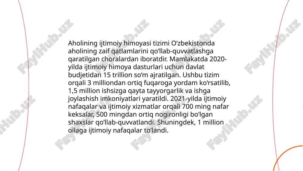 atlarida esa 50% atrofida. hududlararo rivojlanish tafovutlari yashash sharoitlari va infratuzilma yetishmovchiligiga olib kelishi mumkin. markaziy osiyoda, jumladan o'zbekistonning urbanizatsiya darajasi 50% dan kam. urbanizatsiya natijasida iqtisodiy imkoniyatlar oshadi, ammo ekologik va ijtimoiy muammolar ham ko'payadi. shu sababli, urbanistik rivojlanish rejalashtirishda muvozanatni saqlash muhim. ... t.me/slaydai_bot 12. "pension islohotlari va qariyalarga g'amxo'rlik" mavzusida o'zbekistonda davlat pensiya tizimi islohotlari doirasida 2023-yilda pensionerlarning farovonligini oshirish maqsadida bir nechta o'zgarishlar amalga oshirildi. 2023-yil oxiriga kelib, minimal pensiya miqdori 1,1 million so'mga yetkazildi. davlat tomonidan qariyalarga g'amxo'rlik qilish uchun maxsus dasturlar joriy etilib, ularning ijtimoiy ta'minoti yanada kuchaytirildi. shu yil davomida qariyalar uchun 150 ta yangi ijtimoiy markazlar ochildi va 300 mingdan ortiq qariya bu xizmatlardan foydalanmoqda. ushbu choralarning barchasi qariyalarning yashash sharoitlarini yaxshilashga qaratilgan. ... t.me/slaydai_bot 13. aholi salomatligini muhofaza qilish choralari aholi salomatligini muhofaza qilish uchun bir qancha choralar ko‘riladi. har yili o‘zbekiston sog‘liqni saqlash tizimiga davlat byudjetidan qariyb 10 trillion so‘m …