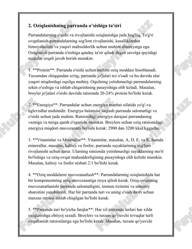 lik tug'dirishi mumkin. 5. **em-xashak va yemishlar hazm qilish koeffitsienti**: mutaxassislar tomonidan em-xashak hazm qilish koeffitsienti e'tiborga olinadi. masalan, tovuqlar uchun bu koeffitsientlar ozuqaning turiga qarab 70% dan 85% gacha bo‘lishi mumkin. 6. **vazn va o‘sish**: broyler tovuqlar o‘zining jadal o‘sishi bilan mashhur bo'lib, ularning haftalik vazni o‘rtachada 0.7-0.9 kg gacha yetishi mumkin. yaxshi parvarish va mos rasion yordamida 6 hafta davomida o‘ertacha 2.5-3 kg vaznga ega bo‘lishi kuzatiladi. 7. **voda ihtiyoji**: suv parrandalarning metabolizmi va organizmning normal ishlashi uchun zarur bo‘lgan eng muhim tarkibiy qism hisoblanadi. parrandaning tana vazniga nisbatan 2 barobar ko‘proq suv iste’mol qilishi normal hisoblanadi. 8. **vitamin va minerallar**: parrandalarning sog‘ligi, xususan suyak tizimi va umumiy metabolizmi uchun kaltsiy va fosfor kabi minerallar hamda a, d va e vitaminlar muhim hisoblanadi. misol uchun, ozuqada kaltsiy miqdori odatda 3-4% atrofida tavsiya etiladi. 9. **tana harorati va energiya sarfi**: parrandalar endotermik ya'ni issiqlikni o‘z organizmida hosil qiladi. tovuqning …