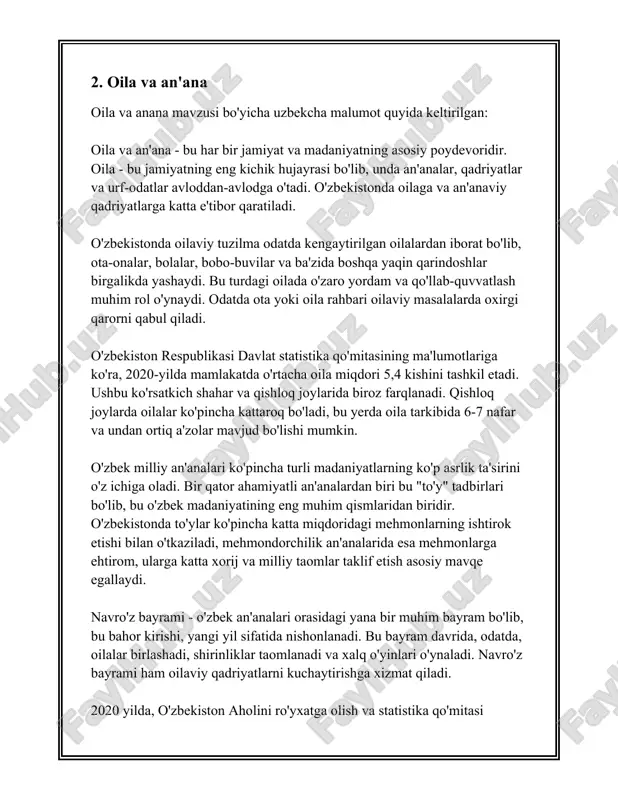 -yilda oziq-ovqat mahsulotlari istemoli boyicha otkazilgan tadqiqotlar natijalariga kora, har bir oila ortacha har oyda 300,000 somni oziq-ovqat mahsulotlariga sarflagan. oila ham ijtimoiy talim muhitidir. bu yerda bolalar birinchi marta ijtimoiy qoidalar va qadriyatlar bilan tanishadilar, axloqiy meyorlar va etiket qoidalarini organadilar. 2019-yilda otkazilgan tadqiqot natijalariga kora, ota-onalarning 70% dan ortigi farzandlari bilan aktiv ismli ravishda shugullangan va ularga asosiy bilimlarni berishga harakat qilgan. oila jamiyatdagi ijtimoiy nazorat mexanizmlaridan biri sifatida ham xizmat qiladi. u jamiyatda mavjud tartib-qoidalar va meyorlarga rioya qilishni taminlaydi. 2020-yili otkazilgan sorovnoma natijalariga kora, oilalarning 80% dan ortigi oz farzandlari xulq-atvorini nazorat qilish zarurligini qayd etgan. oila azolari ortasidagi munosabatlar insonning psixologik holati va sogligiga tasir korsatadi. statistikaga kora, 2020-yilda psixologik maslahatlarga murojaat qilganlarning 60% dan ortigi oilaviy muammolar sababidan bunday xizmatlardan foydalangan. oilada ishonchli va qulay muhit yaratish insonlarning umumiy hayotiy qoniqishini oshiradi. oziq-ovqat va energiya resurslarini samarali istemol qilishda oilaning roli katta. oila masrafini …