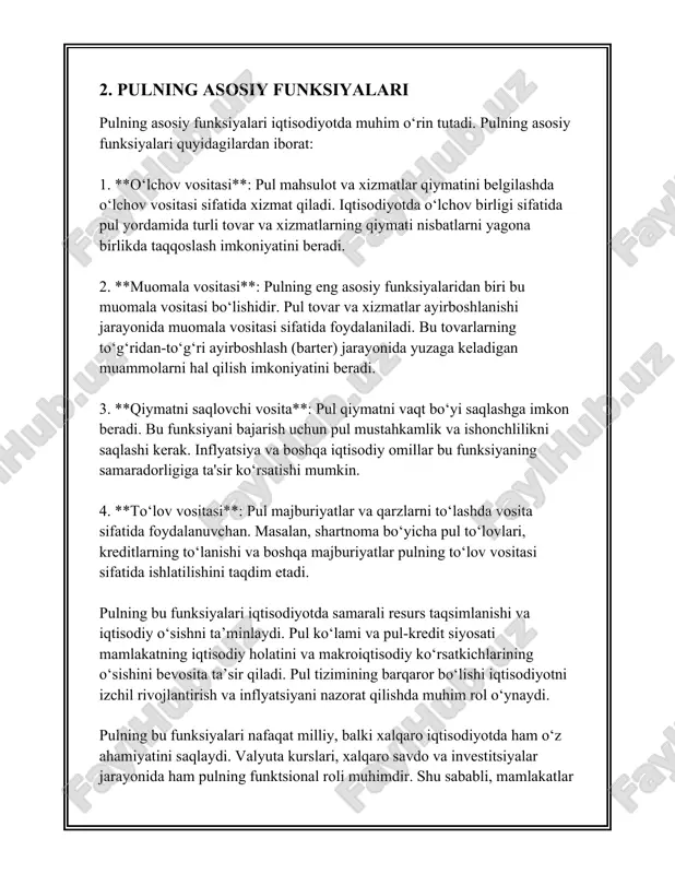 amonaviy texnologiyalar yordami bilan vositalashgan, raqamli ko‘rinishdagi moliyaviy aktivdir. ular quyidagilar kiradi: - **bank kartalari:** kredit va debet kartalari orqali yuritiladi. ular naqd pulga alternativa bo'lib, savdo va xizmat ko'rsatishlarning ko'pchiligi uchun qulaylik va xavfsizlikni ta'minlaydi. - **to'lov tizimlari:** paypal, apple pay, google wallet kabi raqamli to'lov tizimlari ham elektron pul vositalariga kiradi. bu xizmatlar orqali odamlar global miqyosda to'lovlarni amalga oshirishlari mumkin. elektron pul turli bank hisob raqamlari, elektron hamyonlar orqali saqlangan va o‘tkazilgan mablag’larni ifodalaydi. u an’anaviy naqd pulga nisbatan qulayroq va tezkor hisoblanadi, ayniqsa xalqaro to‘lovlarda. 3. **virtual valyutalar:** virtual valyutalar to'liq raqamli ko'rinishga ega bo'lib, markazlashmagan va odatda, biror iqtisodiy tizim yoki davlat tomonidan nazorat qilinmaydi. bu turda, asosan quyidagi valyutalar kiradi: - **kriptovalyutalar:** bitcoin, ethereum, ripple kabi kriptovalyutalar zamonaviy virtual pulning eng asosiy ta'riflari hisoblanadi. ushbu valyutalar blockchain texnologiyasiga asoslangan bo‘lib, xavfsizlik va markazlashtirilmagan boshqaruvni ta’minlaydi. - **o‘yin valyutalari:** ko‘plab video o‘yinlarda ishlatiladigan raqamli valyutalar. …