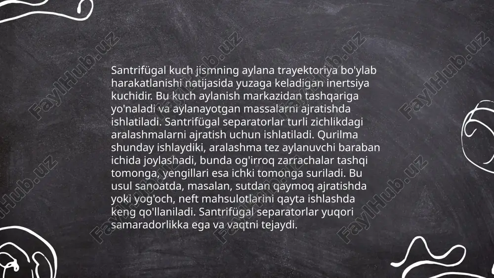 g chidamliligi va ishlash muddatiga ta'sir qiladi. yaxshi tanlash uchun separatorning ishlab chiqaruvchisi, model xususiyatlari va kutilayotgan texnik xizmat ko'rsatish talablarini hisobga olish tavsiya etiladi. ... t.me/slaydai_bot "12. yuvuvchi mashinalarning texnik xizmat ko'rsatish va ta'mirlash" mavzusida yuvuvchi mashinalarga muntazam texnik xizmat ko'rsatish ularning uzoq muddatli va samarali ishlashini ta'minlashda muhim ahamiyatga ega. har oyda filtrlarni tozalash, har uch oyda baraban va shlanglarni tekshirish lozim. har olti oyda elektr simlarini nazorat qilish va kerak bo'lsa, almashtirish tavsiya etiladi. yilda bir marta yuvish mashinasining ichki qismlarini profesional ustaga ko'rsatish va asosiy ehtiyot qismlarini yangilash muhim ahamiyatga ega. bu amallar yuvuvchi mashinaning standart ishlash muddatini 10 yilgacha uzaytirishi mumkin. to'g'ri parvarish natijasida elektr energiya sarfi 15% ga kamayishi mumkin. suspenzion separatorlar va yuvuvchi mashinalar obodov abdulla e'tiboringiz uchun raxmat! image1.png image2.png image3.png image4.jfif image5.png image6.jfif image7.jfif image8.jfif