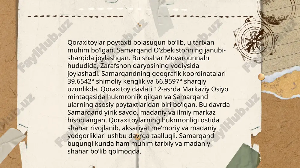 hozirgi mongoliya, shimoliy xitoy va markaziy osiyo hududlarida yashagan. ularning asosiy qo'shnilari xunnu va uysun qabilalari bo'lib, bu xalqlar bilan turli vaqtlarda ittifoq yoki dushmanlik munosabatlarida bo'lishgan. qoraxitoylar juda kuchli harbiy qo'shinga ega bo'lib, bu ularga muntazam ravishda hududlar zabt etish imkonini bergan. ularning davlatlari o'rta asrlarga qadar davom etib, keyinchalik turli sabablarga ko'ra tarqalib ketgan. ular ipak yo'li orqali savdo-sotiqni rivojlantirgan. qoraxitoylar sulolasi abralov abdurashid e'tiboringiz uchun raxmat! image1.png image2.png image3.png image4.jfif image5.png image6.jfif image7.jfif image8.jfif