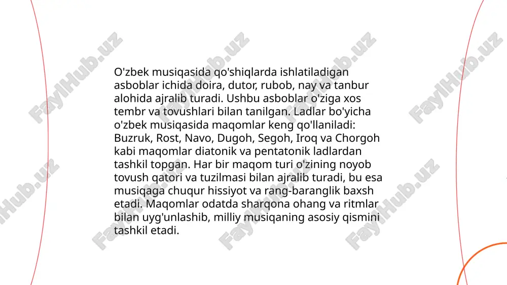 alariga ega boʻlishi kuzatiladi. masalan, xorazm va buxoro regionlarida shashmaqom asosida yoʻnalgan ladlar keng tarqalgan, toshkent va fargʻona vodiysida esa oʻziga xos maqomlar avj olgan. har bir region oʻz musiqiy anʼanalari va madaniyatiga mos ladlarni rivojlantiradi. bu oʻzgarishlar musiqaning turli shakllarida ifodalanib, har bir region ijrochilik uslubi va repertuarida oʻz aksini topadi. o'zbek xalq qo'shiqlarining lad tuzilishi variantliligi invariantliligi mamatqulov muslimjon e'tiboringiz uchun raxmat! image1.png image2.png image3.png image4.png image5.jfif image6.jfif image7.jfif image8.jfif