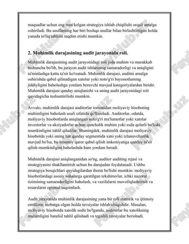 ar mavjud bo‘lishi mumkinligini anglatadi va bu xato auditor tomonidan aniqlanmasligi ehtimoli bilan bog‘liqdir. audit riski uchta asosiy komponentdan iborat bo‘ladi: 1. **ichki risk (inherent risk):** tashkilot faoliyatining tabiati va uning ichki muhitidagi zaifliklardan kelib chiqadigan xavflyik. bunda auditor tilga olinmagan xatolar paydo bo'lishi ehtimolini baholaydi. 2. **nazorat riski (control risk):** tashkilotning ichki nazorat tizimi xatoni o‘z vaqtida aniqlay olmasligi yoki to‘g‘rilay olmasligi xavfi. bu auditor nazorat choralari qanchalik samarali ekanligini baholashi kerakligini anglatadi. 3. **aniqlash riski (detection risk):** bu auditor tomonidan noto‘g‘ri xulosa chiqarilishi mumkinligini bildiradi, ya'ni risk shundaki auditorlik proseduralari moliyaviy hisobotlardagi jiddiy noto‘g‘ri taqdimlarni aniqlay olmasligi mumkin. ### riskni boshqarish riskni boshqarish jarayoni uch bosqichdan iborat: risklarni aniqlash, qiymatni baholash va boshqarish strategiyasini ishlab chiqish. bu audit jarayonining muhim qismi bo‘lib, quyidagilarni o‘z ichiga oladi: - **risklarni aniqlash va baholash:** auditor potentsial xavflarni aniqlashi va ularni baholashi kerak. bu orqali auditor qaysi sohalar ko‘proq e'tibor talab qilishini …