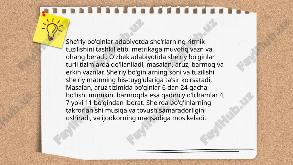 ta'sir ko'rsatadi. ... t.me/slaydai_bot 10. qo'shiqlarning funkcional ma'nosi 10. qo'shiqlarning funksional ma'nosi haqidagi mavzu qo'shiqlarni ildizlaridan kelib chiqib yoritadi. qo'shiqning asosiy funksiyalari orasida ko'ngil ochish, madaniy qadriyatlarni saqlash va taraqqiy ettirish, tilni o'rgatish va hayotiy tajribalarni o'zlashtirish kiradi. qo'shiq, shuningdek, odamlarni birlashtirish, jamiyatdagi ijtimoiy jarayonlar va e'tiqodlarni ifoda etish vositasi ham bo'la oladi. mazkur funksiyalarning har biri jamiyatda turli rollarni bajarishi mumkin, masalan, yorqin hissiyotlarni targ'ib qilish, e'tiborni muammolarga qaratish yoki oddiygina dam olishga yordam berish. oxir-oqibat, qo'shiqlar jamiyatning rivojlanishi va odamlarning shaxsiy o'sishida katta ahamiyat kasb etadi. ... t.me/slaydai_bot tematik xilma-xillik va ohang mavzusi adabiyotda muhim o‘rin egallaydi. tematik xilma-xillik deganda asarlarning turli mavzularga ega bo‘lishi tushuniladi. bu xilma-xillik adabiyotning boyligini ta’minlaydi va o‘quvchilarga keng qamrovli bilim beradi. ohang esa asarda ifodalangan hissiyotlar va munosabatlarning tovushidir. ohang o‘quvchining asar bilan bog‘lanishini ta’minlaydi, shuningdek, muallifning ichki dunyosi va niyatlarini ochib beradi. tematik xilma-xillik va ohangning uyg‘unligi asarning samaradorligini oshiradi va …