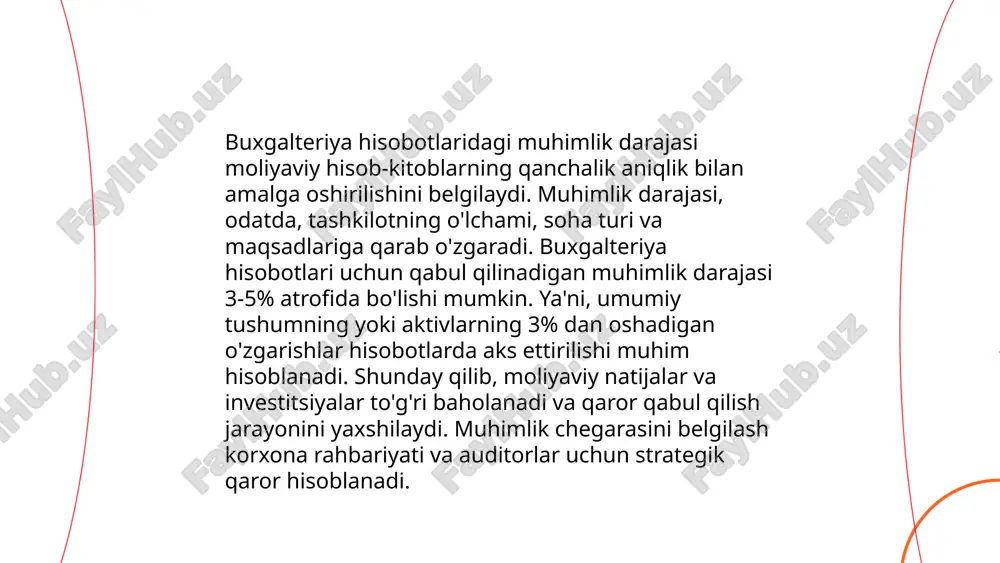 hilarining qarorlariga ta'sir qilishi mumkin bo'lgan qiymat chegarasi bilan belgilanadi. jiddiylik esa, audit davomida aniqlangan muammolarning moliyaviy ta'sirini tavsiflaydi. materiallik darajasi hisob-kitoblarda foiz yoki umumiy qiymat miqdorida belgilanishi mumkin, masalan, 5% yalpi daromaddan. jiddiylik esa audit xavfliligini oshiradi, lekin har doim ham materiallik chegarasini oshirishga olib kelmasligi mumkin. ... t.me/slaydai_bot hujjatlarning muhimlik darajasini tekshirishda turli metodlar qo‘llaniladi. ushbu jarayonda hujjatlarni maqsad, mazmun va foydalanuvchilar talablari asosida baholash zarur. muqobil qimmatga ega hujjatlar birinchi darajali muhim hisoblanib, yo‘qolishi yoki zarar ko‘rishi tashkilot faoliyatiga jiddiy ta'sir ko‘rsatadi. iqtisodiy hujjatlar, masalan, qurilish loyihalari, moliyaviy hisobotlar va shartnomalar - 15-20% hujjatlarda ustuvorlik kasb etishi mumkin. auditorlik tekshiruvlari uchun zarur bo‘lgan hujjatlar esa o‘rta darajali muhumlikka ega bo‘lib, 30-40% ni tashkil etadi. kamida 50% hujjatlar esa past muhum deb hisoblanadi va xavfsizlik choralariga ko‘ra qayta ko‘rib chiqiladi. mavzu: muhimlik darajasini auditda qoʻllash tartibi talaba: azimova nazokat e'tiboringiz uchun raxmat! image1.png image2.png image3.png image4.jfif image5.png image6.jfif …