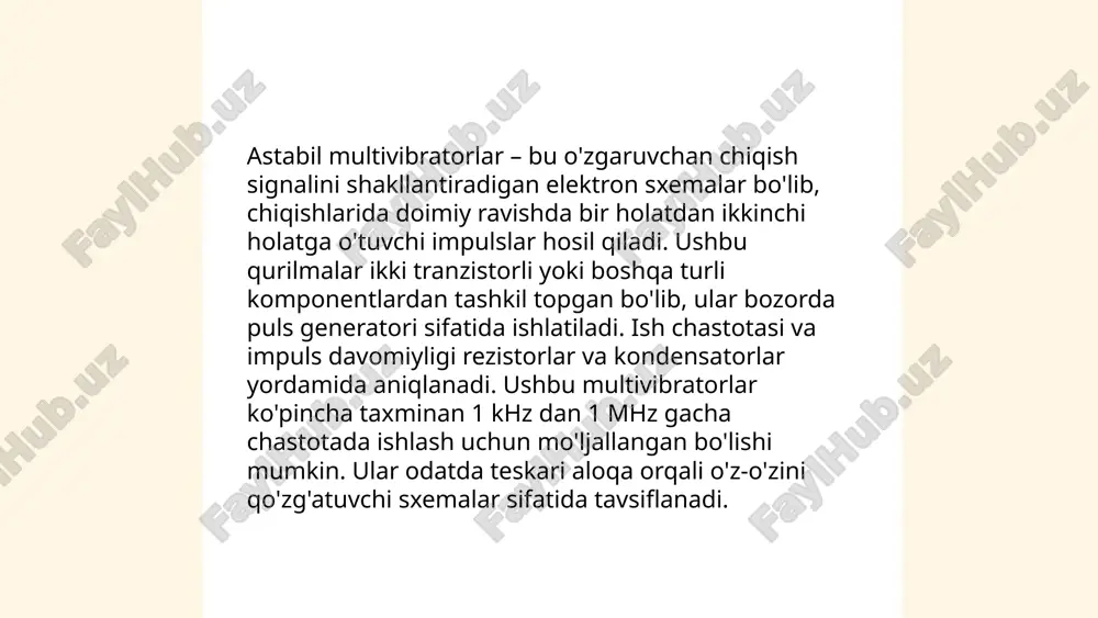 konstantasi impuls davomiyligini belgilaydi. laboratoriya tajribalari ko'rsatadiki, vaqt konstantasi multivibratorning ishonchliligi va barqarorligini ta'minlashda muhim omil hisoblanadi. odatda, vaqt konstantasi millisekund (ms) yoki mikrosekund (µs) diapazonida aniqlanadi, bu qurilmalarning tezligini va javob berish vaqtini aniqlashga yordam beradi. ... t.me/slaydai_bot ko‘p vibratör dizaynlari odatda uch turga bo‘linadi: astable, monostable va bistable. astable multivibratorlar davriy impuls hosil qiladi va stabil holatga ega emas. ular ko‘pincha taymerlar yoki osilatorlar sifatida ishlatiladi. monostable multivibratorlar bitta stabil holatga ega bo‘lib, tashqi impuls bilan o‘zgartiriladi; bu esa signal o‘tkazish jarayonlarini boshqarish uchun qo‘llaniladi. bistable multivibratorlar, ikkita stabil holatga ega bo‘lib, avvalgi hamda keyingi holatlarga o‘tish uchun impuls kerak bo‘ladi; latc va flip-flop sifatida ishlatiladi. ushbu dizaynlar asosiy komponentlar sifatida tranzistorlar, reaktorlar va kondensatorlarni talab qiladi. har bir tur o‘ziga xos elektron va vaqt o‘zgaruvchan vazifalarni bajaradi. ... t.me/slaydai_bot 13. multivibratorlarni loyihalashning amaliy usullari multivibratorlarni loyihalashning amaliy usullari elektr va elektronika sohasida muhim ahamiyatga ega. multivibratorlar uch …