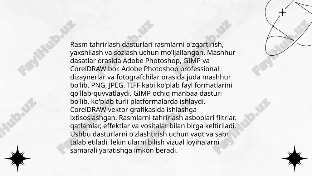 nroq geografik joylashuvni hisobga olmagan holda, dunyo bo'ylab keng foydalaniladi. ... t.me/slaydai_bot multimedia ma'lumotlar bazalari turli xil mediani, jumladan, audio, video, rasm va matnni saqlash va boshqarish uchun mo'ljallangan. bu bazalar foydalanuvchilarga interaktiv va boy ma'lumotlardan foydalanish imkonini beradi. 1980-yillarning oxirlarida muloqot texnologiyalari rivojlanishi bilan multimedia ma'lumotlar bazalari keng qo'llanila boshlandi. bugungi kunda internetda audio va video oqimlari, raqamli kutubxonalar va e-learning tizimlarida ushbu bazalar muhim ahamiyat kasb etadi. mpeg-7 va mpeg-21 kabi standartlar multimedia ma'lumotlarini samarali boshqarishni taklif etadi. ushbu bazalar katta hajmli ma'lumotlar va yuqori ishlov berish quvvatini talab qiladi, bu esa zamonaviy texnologiyalarga asoslangan yechimlarni zarur qiladi. ... t.me/slaydai_bot 13. slayd-shou yaratish dasturlari slayd-shou yaratish dasturlari ko'plab imkoniyatlar va qulayliklar bilan taʼminlaydi. powerpoint eng keng tarqalgan dasturlardan biri bo'lib, vizual taqdimotlar yaratishda yuqori sifat va moslashuvchanlik taklif etadi. google slides onlayn rejimida qo'shma ishlash imkonini beradi. keynote — apple foydalanuvchilari uchun mo'ljallangan dastur bo'lib, estetik jihatdan jozibador …