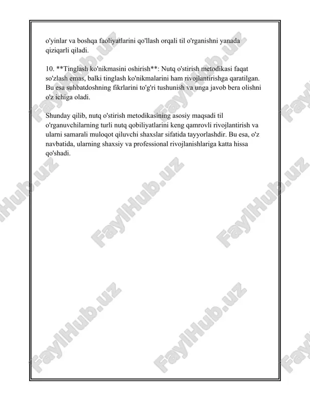 mumkin. bu vaqt davomida yillik yozma ishlab chiqarish hajmini oldindan aytish qiyin, lekin bu minglab sahifalar matnni o'z ichiga oladi. 4. **erkin yozish mashqlari**: vaqti-vaqti bilan erkin yozish mashqlarini qo'llash, ya'ni, tasodifiy mavzular haqida hech qanday to'siqsiz yozish, ijodiy tafakkurni rivojlantirishga yordam beradi. bunday mashqlar har hafta amalga oshiriladigan bo'lsa, bir yilda 52 marta erkin yozish malakasi ortadi. 5. **tahrirlash ko'nikmalarini rivojlantirish**: yozma nutqni o'stirishda tahrirlash, ya'ni yozilgan matnni qaytadan ko'rib chiqish va yaxshilash juda muhim. har bir yozilgan matnni tahlil qilib, kamida ikki marta tahrirlash nazarda tutiladi. bu bir yilda 100 ta nazorat qilingan matnning ishlab chiqilishiga olib kelishi mumkin. 6. **mutaxassislar bilan ishlash**: yozma nutq ustida professional mutaxassislar yoki o'qituvchilar bilan birgalikda ishlash, tahliliy fikr yuritish va yangi yozish usullarini o'rganishga imkoniyat beradi. yilda kamida 10-15 soatlik individual konsultatsiyalar tavsiya etiladi. 7. **onlayn kurslar va seminarlar**: yil davomida kamida 3-4 ta onlayn yozma nutq rivojlantirish kurslarida qatnashish tavsiya …