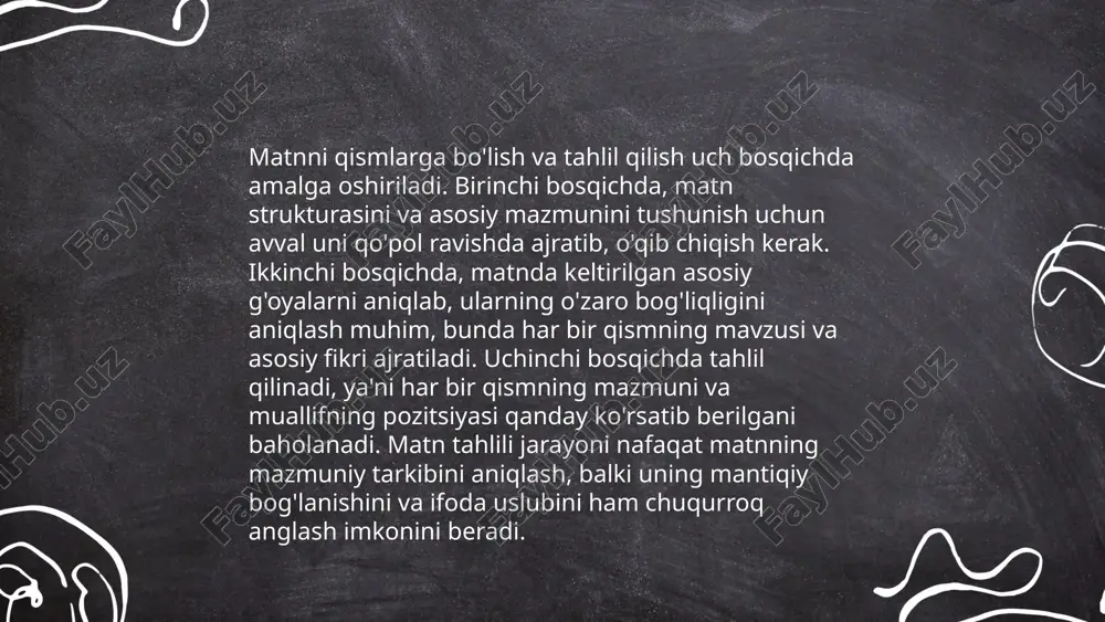 i yoki undan ortiq matnni tahlil qilish va ularning o‘xshashliklari hamda farqlarini aniqlashni o‘z ichiga oladi. bunda asosiy e'tibor mazmun, uslub, tuzilma va til elementlariga qaratiladi. masalan, matnlarning uzunligi so‘zlar yoki jumlalar soni orqali ko‘rsatiladi. shuningdek, stilistik elementlar, masalan, rasmiy yoki norasmiy til ishlatilganligi, so‘z tanlovi va gap qurilishi ham taqqoslanadi. matnlarni taqqoslash jarayonida muhim bo‘lgan yana bir omil matnlarning konteksti va ularning yozilish maqsadidir. ... t.me/slaydai_bot 13. matndan yangi so'zlar va iboralarni o'rganish matndan yangi so'zlar va iboralarni o'rganish o'zbek tilida lug‘at boyligini oshirishning samarali usullaridan biridir. matnlarni o‘qish davomida, yangi so‘z va iboralarni belgilang va ularning ma'nolarini lug‘at yordamida o‘rganing. har kuni kamida 5-10 ta yangi so‘z yoki iborani o‘zlashtirishga harakat qiling. so‘zlarni eslab qolish uchun ularni yozma mashqlar yoki jadvallar orqali amalda qo‘llash muhim. bundan tashqari, yangi o‘rganilgan so‘zlarni kundalik suhbatda yoki yozuvda qo‘llash orqali mustahkamlash, yangi bilimlarni yanada mustahkamlaydi. ona tili darslarida matn ustida ishlash koʻnikmalarini …
