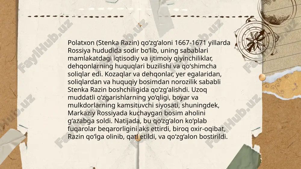 mmad ali) muhim rol o‘ynagan. u, xalqning bunday noroziligiga rahbarlik qilib, xonlik siyosatini tanqid qilgan. qo‘zg‘alonchilar orasida muhammad amin, rahmatulloh va yusufbeklar kabi shaxslar ham alohida ajralib turadi. polatxon boshchiligidagi isyonchilar xonlikning zamindorlar va etnik ozchilik guruhlarining manfaatlarini himoya qilishga harakat qilishgan. bu qo‘zg‘alon, xonlikdagi ijtimoiy va iqtisodiy tengsizliklarga qarshi kurashning ramzi sifatida tarixda qoldi. ... t.me/slaydai_bot 13. polatxon qozg‘aloni haqida yozma manbalar polatxon qoʻzgʻaloni 1680-yillarda buxoro xonligida yuz bergan muhim ijtimoiy-siyosiy voqealardan biridir. qoʻzgʻalonning asosiy sababi ogʻir iqtisodiy sharoit va zulmga qarshi norozilik edi. polatxon, hujumlarni boshlagan qoʻzgʻalon yetakchisi, aholini buxoro hukumatiga qarshi birlashtirdi. voqealar natijasida buxoroning turli hududlarida janglar sodir boʻldi. qoʻzgʻalonning asosiy vaqti 1685—1686-yillar oraligʻida boʻlib oʻtdi. tarixiy yozuvlarda ushbu qoʻzgʻalon haqida koʻplab ma'lumotlar saqlangan boʻlib, bu voqea buxoro xonligining tarixi va ijtimoiy oʻzgarishlariga katta ta'sir koʻrsatgan. polatxon qozgaloni dilrabo dadamirzayeva e'tiboringiz uchun raxmat! image1.png image2.png image3.png image4.jfif image5.png image6.jfif image7.jfif image8.jfif image9.jfif