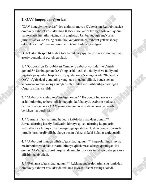kinligi bo'yicha indeksda 180 mamlakat orasida 157-o'rinda turadi. bu raqam mamlakatda press erkinligi bilan bog'liq muammolar mavjudligini ko'rsatadi. 2. **qonunostalik bazasi**: oʻzbekistonda ommaviy axborot vositalarining faoliyatini tartibga solishda bir nechta asosiy huquqiy hujjatlar mavjud. asosiy qonun "ommaviy axborot vositalari to'g'risida" gi qonun bo'lib, bu qonun ommaviy axborot vositalarining huquqlari va majburiyatlarini belgilab beradi. shuningdek, "axborot olish erkinligi haqida" gi qonunlar ham mavjud, ular oav faoliyatini muvofiqlashtirishda muhim rol oʻynaydi. 3. **internet senzura**: internet erkinligi bo'yicha ma'lumotlarni taqdim etuvchi freedom house tashkilotining 2023-yilgi hisobotida o'zbekiston "erkin bo'lmagan internet" toifasiga kiritilgan. ushbu hisobotga ko'ra, mamlakatda internet kontentining ayrim qismlari, jumladan, siyosiy va ijtimoiy masalalarga oid saytlar bloklanishi mumkin. 4. **axborot instansiyalari soni**: 2023-yilda o'zbekistonda faoliyat yuritayotgan rasmiy ro'yxatga olingan oavlarning umumiy soni atrofida 1,200 ni tashkil qiladi. bular televideniye, radio, gazeta va jurnallarni o'z ichiga oladi. ularning aksariyati hukumatga yaqin bo'lgan oav, ammo so'nggi bir necha yil ichida mustaqil va xususiy axborot …
