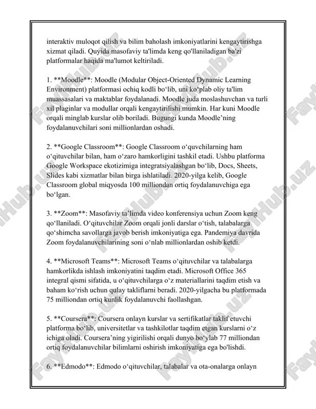 lgan vazifalarga aylantirilishi lozim. masalan, 2020-yilda amerikadagi ta'lim muassasalarining 77% qismi ta'limni onlayn formatga o'tkazishda qiyinchiliklarga duch kelgan, shuning uchun aniq rejalar ishlab chiqish zaruratli hisoblanadi. ikkinchidan, texnik infratuzilmani rivojlantirish muhimdir. unesco ma'lumotlariga ko'ra, jahon bo'ylab 1,5 milliarddan ortiq o'quvchi pandemiya davrida maktablar yopilganda onlayn ta'limga o'tishiga to'g'ri keldi. bu jarayonda internetga ulangan kompyuterlar, planshetlar va smartfonlar kabi qurilmalarga egalik darajasi muhim ahamiyat kasb etadi. 2021-yilda o'zbekistonda aholining 71% internetga ulanish imkoniyatiga ega bo'lgan, lekin bu natijalar hamon takomillashtirilishi kerak. uchinchidan, o'qituvchilarni onlayn ta'lim uchun tayyorlash zaruratlidir. ta'lim jarayonlari uchun kerakli ko'nikmalarga ega bo'lish o'qituvchilar samaradorligini oshiradi. masalan, 2021-yilgi so'rovnoma natijalariga ko'ra, o'zbekistonda o'qituvchilarning faqat 35% qismi onlayn ta'lim uchun yetarlicha tayyorlandi, boshqa davlatlardagi ko'rsatkichlar esa ko'proq edi. shu sababli, o'qituvchilarni raqamli ta'lim resurslari va platformalaridan foydalanishni o'rgatish, ularni malaka oshirish kurslariga jalb qilish lozim. to'rtinchidan, individual ta'lim yondashuvlarini qo'llash kerak. onlayn ta'limda individual o'quv rejalarini tuzish o'quvchilarni yanada samarali …