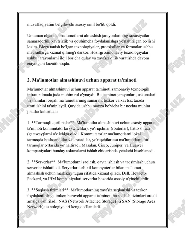 t qilaman. **tarmoq xizmatlari (network services) haqida ma'lumot va statistikalar:** 1. **internet foydalanuvchilari statistikasi:** - 2023-yilda dunyo bo'ylab internet foydalanuvchilarining soni taxminan 5,16 milliardga yetdi, bu esa jahon aholisining qariyb 65% ini tashkil etadi. - oʻzbekistonda 2023-yilda internet foydalanuvchilarining soni qariyb 20 millionga yetdi, ya'ni mamlakat aholisining 57% ini tashkil qilmoqda. 2. **mobil tarmoq xizmatlari:** - global faol mobil keng polosali ulanishlar soni 2023-yilga kelib 8 milliarddan oshdi. - oʻzbekistonda 2023-yil ma'lumotlariga ko'ra, 22 milliondan ziyod mobil aloqa foydalanuvchilari roʻyxatga olingan. 3. **wi-fi ulanishi jadal rivojlanishi:** - 2023-yilda butun dunyo boʻylab 546 milliondan ortiq jamoat wi-fi naqchalari mavjud. - oʻzbekistonda 2023-yilda 10 mingdan ortiq jamoat wi-fi nuqtalari tashkil etilgan. 4. **bulutli xizmatlar (cloud services):** - 2023-yilda bulutli xizmatlar global sektori qiymati $600 milliarddan oshgan. - oʻzbekistonda bulutli xizmatlardan foydalanish tendensiyasi o'sib bormoqda, ayniqsa kichik va oʻrta bizneslarda. 5. **data transfer (ma’lumot almashinuvi xizmati):** - har bir internet foydalanuvchisi tomonidan bir …