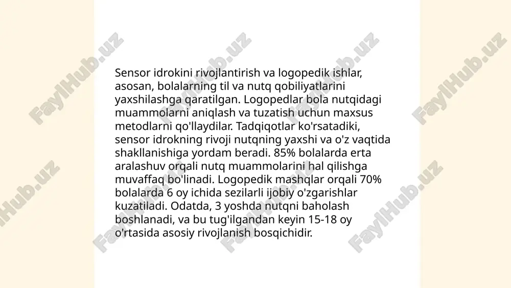 da, ko'pchilik bolalar mustaqil yurishni o'rganadilar. mayda motorika rivojlanishi esa, masalan, qalam ushlash kabi harakatlar bilan kechadi. 2 yoshdan boshlab, bolalar bir qator kattaroq o'yinchoqlarni ushlab, o'z qo'llarini koordinatsiya qilishda rivojlanishni namoyish etadilar. ushbu o'zgarishlar asosan bola sog'lig'i va atrof-muhit omillariga bog'liq. ... t.me/slaydai_bot koʻzi ojiz bolalarning ijtimoiy moslashuviga yordam berish uchun turli dasturlar va usullar mavjud. bolalar maxsus maktablarda taʼlim oladi, bu yerda ularning ehtiyojlariga mos keladigan uslublar qoʻllaniladi. oʻzbekistonda koʻzi ojiz bolalar uchun maxsus 12 ta maktab-internat faoliyat yuritadi. 2021-yilda bu maktablarda jami 1,800 ga yaqin bola tahsil olgan. maxsus oʻquv materiallari va texnologiyalar, jumladan, brayl alifbosi va ovozli kitoblar, ularning taʼlim jarayonining ajralmas qismi hisoblanadi. shu kabi dasturlar ijtimoiy moslashuvni yaxshilashga, bolalarning mustaqil oʻqishi va hayotda faol ishtirok etishiga koʻmaklashadi. koʻzi ojiz bolalar bilan olib boriladigan logopedik ishlarning oʻziga xos xususiyatlari. rajabova firuza e'tiboringiz uchun raxmat! image1.png image2.png image3.png image4.jfif image5.jpg image6.jfif image7.jfif image8.jfif