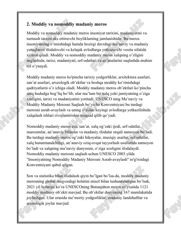 struktura o‘zbekistonning eng baland qadimiy minoralaridan biridir. 3. **xiva**: - ichan-qal’a shaharning ichki qismini tashkil etuvchi tarixiy hudud bo‘lib, unesco butun dunyo merosi ro‘yxatiga kiritilgan. ushbu hudud 2500 yilda ortiq tarixga ega va 50 dan ziyod qadimiy obidalardan iborat. - kalta minor (1851-yilda qurilgan, lekin tugallanmagan) shaharni himoya qilish uchun qurilgan. bu minora balandligi 26 metrni tashkil etadi, garchi dastlab 70 metrdan ortiq balandlikka chiqqan bo‘lishi mo‘ljallangan. 4. **qo'qon**: - qo'qon xonligi o‘zining madaniy va siyosiy mavqeiga ega edi. qo'qonning eng mashhur tarixiy yodgorliklaridan biri xudoyorxon saroyi bo‘lib, 1871-yilda qurilgan. ushbu saroyda jami 113 ta xona bo‘lgan, ular orasida har bir xona o'ziga xos ma'noga ega. 5. **shahrisabz**: - amir temur davridan qolgan oqsaroy ko‘shki (1380-yillarda qurilgan) bu shahar tarixida alohida o‘rin tutadi. ushbu ko‘shkining darvoza qismi balandligi 40 dan ziyod metrdan iborat edi. 6. **surxondaryo**: - termiz shahridagi fayoztepa (miloddan avvalgi i asr) zardushtiylik davridan qolgan qadimiy ibodatxona hisoblanadi. …