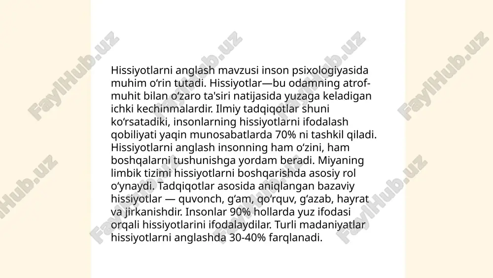 yotlarni yaxshiroq boshdan kechirishadi. hissiyotlarni boshqarish qobiliyati ijodkorlikka ijobiy ta'sir ko'rsatishi mumkin. ... t.me/slaydai_bot hissiyotlar va qarorlar qabul qilish o'rtasidagi bog'liqlik inson psixologiyasida muhim ahamiyatga ega. tadqiqotlarga ko'ra, inson miyasi hissiyotlarni pertsiyasi qilish va qaror qabul qilish jarayonida bir xil sohalarni faollashtiradi. hissiy holatlarning 70% gacha inson qarorlariga ta'sir qilishi mumkin. bundan tashqari, stress yoki tashvish holatlarida qaror qabul qilishda irratsional xatolarga yo'l qo'yish ehtimoli 40% ga oshishi mumkin. shu sababli, hissiyotlarni boshqarish qobiliyati qarorlar sifatining yaxshilanishiga xizmat qiladi. samarasiz qarorlar esa odatda aniqlanish vaqtidan 25% gacha kechikish keltirib chiqarishi mumkin. ... t.me/slaydai_bot 13. hissiyotlar va empatiya empatiya insonlarning boshqalarning hissiyotlarini tushunish va ularga hamdard bo'lish qobiliyatini anglatadi. tadqiqotlarga ko‘ra, empatiya qobiliyati insonlar o‘rtasidagi ijtimoiy aloqalarni kuchaytiradi va konfliktlarni kamaytirishga yordam beradi. misol uchun, 2013-yilda o'tkazilgan bir tadqiqotda empatiya darajasini oshirish insonga ko‘proq jamiyatga ijodiy va samarali hissa qo‘shishga yordam berishi aniqlangan. empatiya, shuningdek, insonlarning ruhiy salomatligiga ijobiy ta’sir qiladi, …