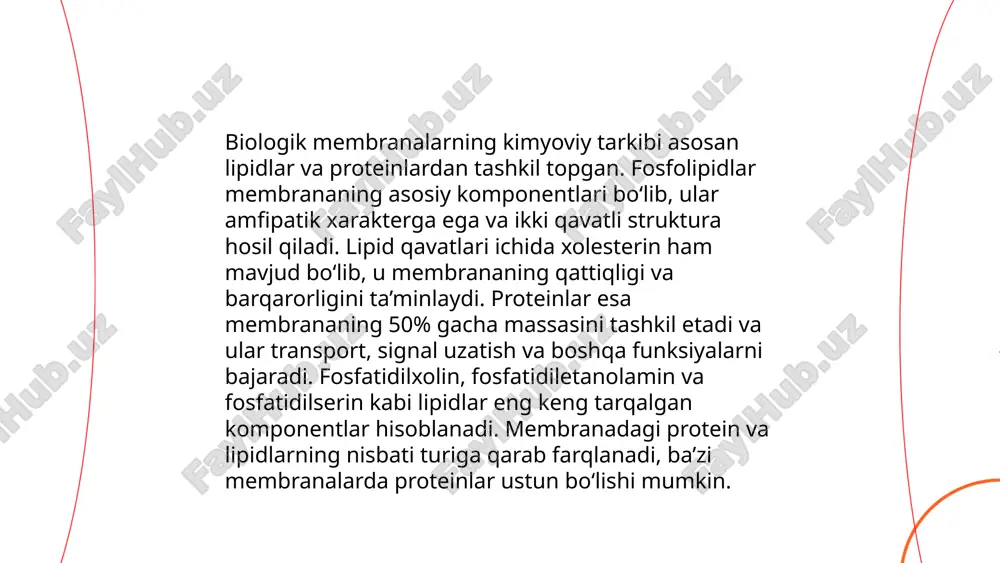 ida amalga oshadi. transport qilinadigan makromolekulalar oqsillar, polisaxaridlar va nuklein kislotalarni o‘z ichiga olishi mumkin. har bir makromolekula turi spetsifik retseptorlar bilan tan olinadi va transport qilinadi. shu jarayonlar hujayraning material almashinuvi va muvozanatini ta’minlaydi. ... t.me/slaydai_bot endositoz va ekzotsitoz hujayra membranasi orqali moddalar transportini ta'minlaydigan jarayonlardir. endositoz jarayonida hujayra tashqi muhitdan moddalarni oʻz ichiga oladi, bu vesikula hosil boʻlishi orqali amalga oshadi. bu jarayonga fagositoz va pinositoz kiradi. fagositozda hujayra qattiq zarralarni, pinositozda esa suyuqlikni oladi. ekzotsitoz esa hujayra ichidagi moddalarni tashqariga chiqarishni taʼminlaydi, bu orqali hujayrada sintez qilingan moddalar (masalan, gormonlar yoki fermentlar) tashqariga chiqariladi. ikkala jarayon ham hujayraning normal hayotiy faoliyati uchun muhim va enzimlar va boshqa biofaol moddalarning transportida asosiy rol oʻynaydi. ... t.me/slaydai_bot protoplazma hujayraning tirik qismi bo‘lib, sitoplazma va yadrodan iborat. u asosan suv, oqsillar, lipidlar, uglevodlar va mineral tuzlardan tashkil topgan. tarkibida 70-90% suv bo‘lib, bu moddalar birikishi va kimyoviy reaktsiyalar uchun muhit …