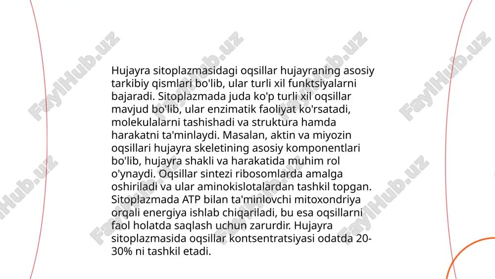 inlaydi. magniy 300 dan ortiq fermentativ reaksiyalarda ishtirok etadi. sink immun tizimining normal faoliyat ko'rsatishi va dnk sintezi uchun muhimdir. selen antioksidant sifatida hujayra shikastlanishidan himoya qiladi. mis va marganets enzimlarning tarkibiy qismi bo'lib, ko'pgina metabolik jarayonlarda ishtirok etadi. qaytim natriy va kaliy ionlari hujayra membranasining elektr potentsialini saqlaydi, bu esa asab impulslarini o'tkazishga yordam beradi. ... t.me/slaydai_bot suv hujayra hayotiy funksiyalarida muhim rol o‘ynaydi. hujayralarning 70-80% qismini suv tashkil qiladi. suv osmotik bosimni ta’minlab, hujayra shaklini saqlashga yordam beradi. biokimyoviy reaktsiyalar suvda sodir bo‘ladi, chunki u ko‘pchilik moddalarni eritadi. suv molekulalari issiqlikni yutish va chiqarish qobiliyatiga ega bo‘lib, hujayra ichidagi issiqlikni me’yorda ushlab turadi. atp sintezi va oziq moddalarining transporti ham suv orqali amalga oshiriladi. suv yetishmasligi hujayralarni susaytiradi, metabolizmni sekinlashtiradi va organizmga zarar yetkazadi. shu sababli, hujayra funksiyalarining optimal ishlashi uchun suv muhim ahamiyatga ega. ... t.me/slaydai_bot 13. atp va energiya almashinuvi atp (adenozin trifosfat) hujayradagi asosiy energiya …