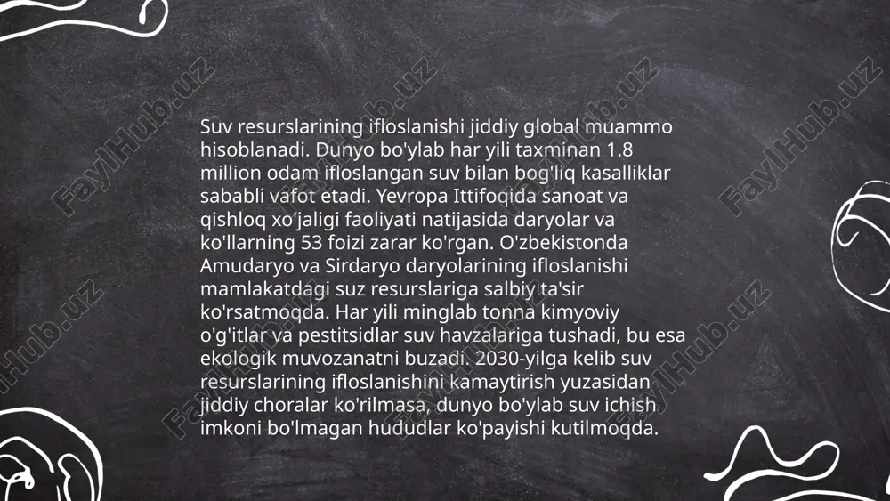 t.me/slaydai_bot kimyoviy moddalar bilan ifloslanish global muammo bo'lib, har yili millionlab tonna kimyoviy moddalar atrof-muhitga chiqariladi. dunyo bo'ylab sanoat, qishloq xo'jaligi va maishiy kimyoviy moddalardan foydalanish tufayli suv, havo va tuproq ifloslanishi kuzatiladi. misol uchun, har yili 2 milliard tonnaga yaqin zaharli kimyoviy chiqindilar global miqyosda hosil bo'ladi. kimyoviy moddalarning 70% dan ortig'i suv manbalariga tushib, ichimlik suvini ifloslantiradi. o'zbekistonda ham sanoat va qishloq xo'jaliklari kimyoviy moddalar ta'siriga uchramoqda, bu esa ekologik muammolarni kuchaytiradi. kimyoviy moddalardan kelib chiqadigan ifloslanish inson salomatligi va tabiiy ekotizimlar uchun katta tahdid hisoblanadi. ... t.me/slaydai_bot 13. okean va dengiz muammolari dunyo okeanlari va dengizlari katta global masalalarga duch kelmoqda. har yili 8 million tonna plastik okeanlarga tashlanmoqda, bu dengiz hayotiga katta zarar yetkazmoqda. okeanlar global isish natijasida 20-asrdan beri 0,1 dan 0,2 daraja selsiygacha isingan. o'simliklar va dengiz hayvonlari yashashi uchun zarur bo'lgan suv muhiti buzulmoqda. baliq ovi hajmi ortib, hozirda dunyoning 90% baliq zaxiralari …