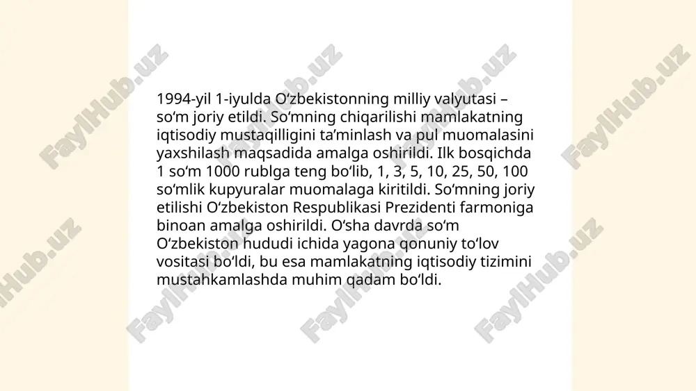avlat budjetidan madaniyat sohasiga ajratilgan mablagʻ 1,5 trillion soʻmni tashkil etdi. oʻrta va oliy taʼlim muassasalarida sanʼat yoʻnalishidagi yangi fakultetlar va boʻlimlar ochildi, ularning soni 20 foizga koʻpaydi. 2022-yilda respublikada turli xalqaro madaniy tadbirlar soni oʻtgan yilgiga nisbatan 30 foizga oshdi, bu esa xalqaro hamkorlikni mustahkamlashga yordam berdi. ... t.me/slaydai_bot "12. huquq tizimining isloh qilinishi" mavzusida so'nggi yillarda o'zbekistonda muhim o'zgarishlar amalga oshirildi. masalan, 2017-2021 yillarda qabul qilingan davlat dasturlari doirasida, huquqiy islohotlar samaradorligi oshirildi. 2020 yilda prezident farmoni bilan sud hokimiyatining mustaqilligini kuchaytirish bo'yicha qator chora-tadbirlar belgilandi. shuningdek, 2018 yilda jinoiy javobgarlikni liberallashtirishga qaratilgan bir qator qonunlar qabul qilindi. 2021 yilda "inson huquqlari bo'yicha milliy strategiya" amalga kiritilib, fuqarolarning huquqlarini himoya qilish tizimi takomillashtirildi. bu islohotlar, umumiy holda, fuqarolarning huquqlari va erkinliklarini yaxshiroq himoya qilish, shuningdek, sud tizimining oshkoraligini ta'minlashga yordam berdi. ... t.me/slaydai_bot 13. ekologiya va atrof-muhitni muhofaza qilish dasturlari 13. ekologiya va atrof-muhitni muhofaza qilish dasturlari doirasida …
