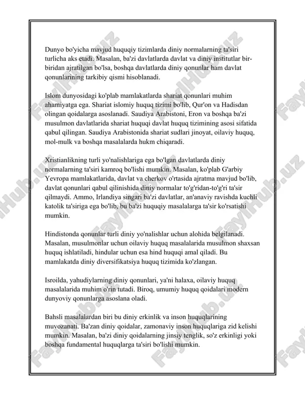 yadagi o‘rni:** - ayrim davlatlarning konstitutsiyalari ta'limda diniy ta'limotning o‘rnini belgilaydi. misol uchun, misr konstitutsiyasida islomiy ta'limotning muhimligi ta'kidlanadi va maktablarda diniy fandlar o‘qitilishi ko‘zda tutiladi. - fransiyada 1905 yildagi qonunga binoan, davlat va ta'lim muassasalarining sekulyarligiga ko‘ra, davlat maktablarida diniy ta'lim berish taqiqlangan. 4. **rasmiy dinlarning belgilanishi:** - ayrim mamlakatlar konstitutsiyasi rasmiy dinni belgilaydi. misol uchun, saudiya arabistoni konstitutsiyasi islomni rasmiy din sifatida tan oladi. angliya konstitutsiyasida anglikan cherkovining davlat cherkovi ekanligi belgilangan. 5. **din va inson huquqlari bo‘yicha tangliklar:** - ba'zan konstitutsiyadagi din bilan bog'liq me'yorlar inson huquqlari masalalarida qiyinchiliklar keltirib chiqarishi mumkin. masalan, fuqarolarning diniý e'tiqodi asosida diskriminatsiya qilinmasligi yoki davlat muassasalarida diniy alomatlarni ko‘rsatish imkoniyatlari tanqid-trinib kelinadi. bu holatlar ko‘p hollarda xalqaro inson huquqlari mahkamalarida ham ko‘rib chiqiladi. 6. **konstitutsiyada diniy organlar va ularning huquqlari:** - nuqtayi nazarda diniy organlarning konstitutsiyaviy maqomi muhokama etilib, ularning huquqlari va vazifalari aniq belgilangan. misol uchun, eron konstitutsiyasida islom dini …
